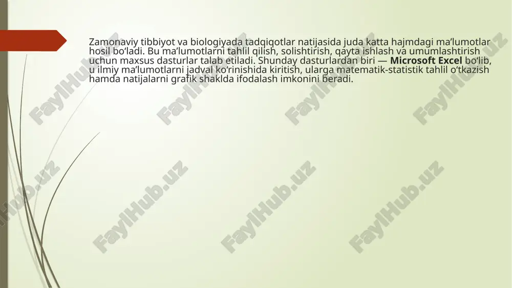 o‘rtacha qiymati: =average(f2:f21) natijalarni grafik shaklida ifodalash excelda “insert → chart” orqali ma’lumotlar grafik ko‘rinishda tasvirlanadi. masalan, ustun diagramma yordamida bemorlar yoshi va qon bosimi o‘rtasidagi bog‘liqlikni ko‘rish mumkin. tahlil qilish va xulosalash natijalar asosida quyidagilar aniqlanadi: yurak urishi yosh bilan ortadi; qon bosimi me’yordan chetga chiqayotgan bemorlar aniqlanadi; o‘rtacha tana harorati 36.8–37.0 oralig‘ida ekanligi kuzatiladi. shunday qilib, excel yordamida tibbiy-biologik ma’lumotlar nafaqat saqlanadi, balki tahlil qilinadi ham. tibbiy-biologik natijalarni excel yordamida qayta ishlashning foydali jihatlari hisob-kitoblarni avtomatlashtiradi excel dasturi yordamida barcha matematik va statistik hisob-kitoblar avtomatik tarzda bajariladi. ➡ bu inson xatosini kamaytiradi va natijalarning aniqligini oshiradi. masalan, yurak urish tezligi, o‘rtacha qon bosimi, standart og‘ish kabi hisoblar bir necha soniyada amalga oshadi. vaqt va mehnatni tejaydi qo‘lda hisoblashga qaraganda excelda ma’lumotlarni qayta ishlash ancha tez. ➡ bir necha yuzlab bemorlar ma’lumotini bir vaqtning o‘zida tahlil qilish mumkin. shunday qilib, tibbiyot xodimlari o‘z vaqtlarini tahlil emas, balki qaror qabul …