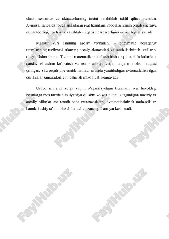 allashtirishda muhim o‘rin egallaydi. bunday tizimlarda asosiy ishchi muhit – siqilgan havodir. pnevmatik tizimlar energiya manbai sifatida kompressor orqali siqilgan havoni oladi. ushbu havo turli pnevmatik elementlar orqali kerakli ishni bajarish uchun uzatiladi. bu tizimlarning asosiy elementlariga quyidagilar kiradi: · kompressorlar – havoni siqish va tizimga bosim ostida yetkazib berish uchun xizmat qiladi; · filtrlar, moylagichlar, namlik ajratkichlar – havoni tozalash va tizimdagi qismlarni himoya qilish uchun ishlatiladi; · regulyatorlar va klapanlar (taqsimlagichlar) – havo oqimini, yo‘nalishini va bosimini boshqaradi; · pnevmosilindrlar – siqilgan havoning bosimidan foydalanib, to‘g‘ri yoki aylanuvchi harakatni hosil qiladi; · sensorlar va boshqaruv qurilmalari – tizimni avtomatlashtirish, holatlarni kuzatish va nazorat qilishni ta’minlaydi. pnevmatik tizimlar turli sohalarda keng qo‘llaniladi. masalan, ishlab chiqarish konveyerlari, yig‘ish liniyalari, robototexnika, mashinasozlik, oziq-ovqat sanoati, tibbiyot uskunalari va transport tizimlarida ularning samaradorligi yuqori baholanadi. ular elektr yoki gidravlik tizimlarga nisbatan yengilroq, xavfsizroq va arzonroq hisoblanadi. ayniqsa, portlash xavfi mavjud bo‘lgan joylarda pnevmatik …