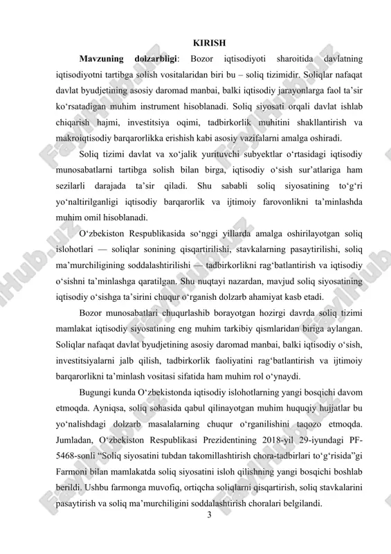 lantirishga xizmat qilmoqda. bunday sharoitda soliqlarning iqtisodiy o‘sishga ta’sirini o‘rganish, samarali soliq siyosatini shakllantirish bo‘yicha ilmiy-amaliy asoslangan takliflar ishlab chiqish nihoyatda dolzarbdir. ushbu kurs ishining maqsadi – soliq tizimining nazariy va amaliy jihatlarini tahlil qilish, uning iqtisodiy o‘sishga ta’sirini o‘rganish hamda o‘zbekistondagi soliq siyosatini takomillashtirish bo‘yicha ilmiy-amaliy takliflar ishlab chiqishdan iborat. vazifalari esa quyidagilardan iborat: · soliqlarning iqtisodiyotdagi o‘rnini nazariy jihatdan yoritish; · soliq siyosatining iqtisodiy o‘sishga ta’sirini tahlil qilish; · o‘zbekiston misolida soliq tizimining rivojlanish holatini baholash; · soliq siyosatini yanada samarali tashkil etish bo‘yicha takliflar ishlab chiqish. kurs ishining amaliy ahamiyati: mazkur kurs ishi nazariy bilimlar asosida o‘zbekiston respublikasida soliq tizimining holatini tahlil qilish hamda uning iqtisodiy o‘sishga ta’sirini o‘rganishga xizmat qiladi. tadqiqot natijalari quyidagi jihatlarda amaliy ahamiyat kasb etadi: soliq siyosatini baholashda qo‘llanilishi – ishda keltirilgan tahlil va xulosalar davlat organlariga, xususan, iqtisodiyot va moliya vazirligi, davlat soliq qo‘mitasi hamda hududiy soliq boshqarmalariga mavjud soliq siyosatining iqtisodiy …