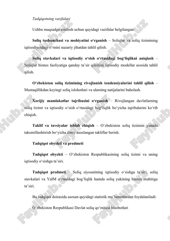 hning umumiy tuzilishi bayon etilgan. birinchi bobda soliqlarning iqtisodiyotdagi o‘rni, soliq tizimining nazariy jihatlari va uning iqtisodiy o‘sish bilan bog‘liqligi yoritiladi. ikkinchi bobda iqtisodiy o‘sish va soliq stavkalari o‘rtasidagi munosabat, soliq imtiyozlari hamda rivojlangan davlatlarning soliq tizimi bo‘yicha tajribasi tahlil qilinadi. uchinchi bobda o‘zbekistonda soliq islohotlari, ularning iqtisodiy o‘sishga ta’siri hamda mavjud muammolar va takomillashtirish yo‘llari o‘rganiladi. xulosa va takliflar qismida tadqiqot natijalari asosida chiqarilgan xulosalar hamda soliq tizimini yanada takomillashtirish bo‘yicha tavsiyalar beriladi. i bob. soliqlar nazariyasi va uning iqtisodiyotdagi o‘rni 1.1. soliq tushunchasi va uning iqtisodiy mohiyati soliq tushunchasi soliq – bu davlatning jismoniy va yuridik shaxslardan majburiy tartibda undiriladigan pul mablag‘lari bo‘lib, davlat byudjetini shakllantirish va ijtimoiy-iqtisodiy funksiyalarni bajarish uchun ishlatiladi. soliqlar davlatning iqtisodiy siyosatining asosiy vositalaridan biri hisoblanadi va mamlakat taraqqiyoti uchun muhim ahamiyat kasb etadi. soliqlarning iqtisodiy mohiyati soliqning iqtisodiy mohiyati uning davlat va jamiyat taraqqiyotiga ta’siri bilan belgilanadi. u quyidagi asosiy funksiyalarni bajaradi: 1. …