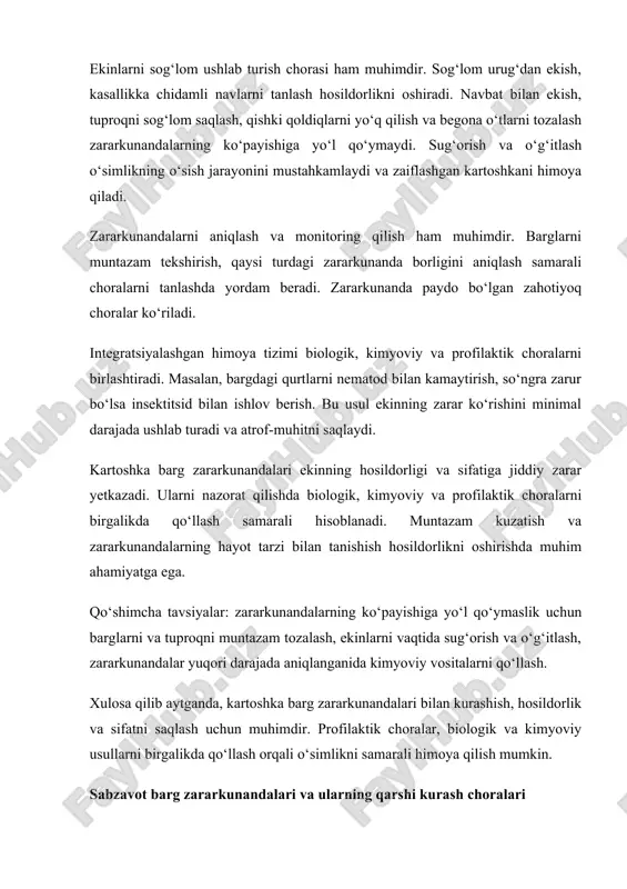va o‘g‘itlash, zararkunandalar yuqori darajada aniqlanganida kimyoviy vositalarni qo‘llash. xulosa qilib aytganda, kartoshka barg zararkunandalari bilan kurashish, hosildorlik va sifatni saqlash uchun muhimdir. profilaktik choralar, biologik va kimyoviy usullarni birgalikda qo‘llash orqali o‘simlikni samarali himoya qilish mumkin. sabzavot barg zararkunandalari va ularning qarshi kurash choralari sabzavotlar – inson oziq-ovqatining muhim qismi bo‘lib, ularning hosildorligi va sifati turli omillarga bog‘liq. shu omillardan biri – barglarni yemlovchi zararkunandalar. sabzavot ekinlarining barglarini yeyuvchi hasharotlar o‘simlikning fotosintez jarayonini buzadi, o‘sishini sekinlashtiradi va hosildorlikni kamaytiradi. barg zararkunandalari bilan kurashish choralarini vaqtida qo‘llash hosildorlikni saqlash va sifatni oshirish uchun muhimdir. sabzavot barg zararkunandalari bir nechta asosiy turga bo‘linadi. ulardan eng ko‘p uchraydiganlari barg chivinlari, karam kapalakchasi, pomidor va bodring shirasi hisoblanadi. bu zararkunandalar barglarni yeyish orqali o‘simlikni zaiflashtiradi va kasalliklar tarqalishiga yo‘l ochadi. barg chivinlari (liriomyza spp.) – sabzavot ekinlarida eng ko‘p zarar yetkazuvchi zararkunandalardan biridir. ular barg ichiga tuxum qo‘yadi, keyinchalik larvalar barglarni ichidan yeyadi …