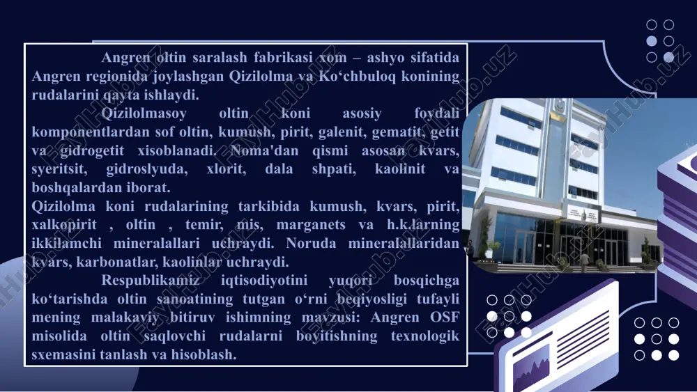 ibidagi eng katta bo'lakning o'lchami – dmak=15 mm; ruda ochiq usulda qazib olinadi, qattiqlikka 2-3, sochma zichligi – δ=1,8-2,2 t/m3; komponentning boyitmaga ajralishi – esi=90 %, - rudaning namligi – rnax=3%, maydalash va yanchish operatsiyalarini o‘tkazishdan maqsad – oltin saqlovchi minerallardagi zarrachalar yuzasini to‘liq yoki qisman ochish va rudani keyingi boyitish va gidrometallurgik jarayonlarning muvaffaqiyatli ketishi uchun mutanosib holatga keltirishdir. maydalash va yanchish operatsiyalari juda katta energiya talab qiladigan jarayonlardir, ularga butun rudani qayta ishlashga ketadigan elektroenergiyani 40-60% sarflanadi. shuning uchun, rudani yanchishni nodir metallar yuzasi ularni ajratib olish uchun yetarli darajada ochilishi bilan to‘xtatish kerak. dastgohlarni tanlash va hisoblash tegirmon va flotomashinalarni texnologik ko‘rsatkichlari orqali tanlash variant lar tegirmon barabanining o‘lchami dxl, mm tegirmonning soni o‘rnatilgan quvvati, kvt zaxira koeffitsienti bittasi xammasi a 2700x 3600 5 400 2000 5:4.58=1.09 b 3200x 3100 2 630 1260 2:2.56=0.78 v 3200x 3100 2 900 1800 2:1.99=1.005 m3/soat 891 1126 1788 asosiy ko‘rsatkichlar …