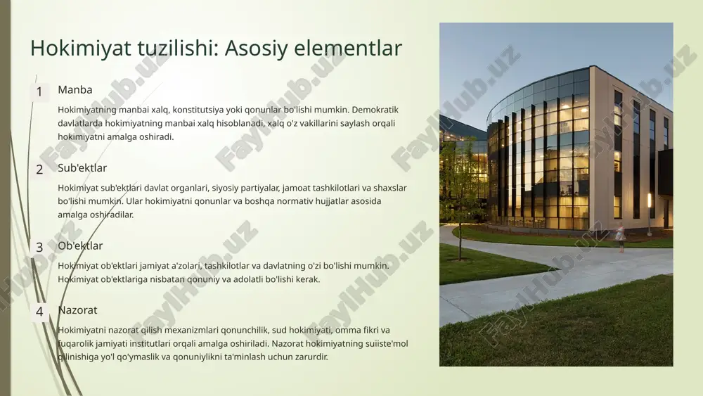 mumkin, bu esa qonunlar va siyosatlarga rioya qilishni talab etadi. 5 hokimiyat nazariyalarining evolyutsiyasi 1 hokimiyat nazariyalari tarix davomida rivojlanib kelgan. dastlabki jamiyatlarda hokimiyat, odatda, diniy e'tiqodlar va urf-odatlar bilan chambarchas bog'liq bo'lgan. 2 qadimgi davrlarda hokimiyatning xudo tomonidan berilganligi haqida nazariya ustunlik qilgan. hukmdorlar o'z hokimiyatlarini ilohiy kuchlar tomonidan qo'llab-quvvatlangan deb da'vo qilishgan. 3 keyinchalik, antik davrda, ayniqsa gretsiyada, hokimiyatning kelib chiqishi va legitimligi haqida falsafiy munozaralar paydo bo'ldi. platon va aristotel kabi faylasuflar ideal davlat tuzumi va boshqaruv shakllari haqida o'z fikrlarini bildirishgan. 6 zamonaviy hokimiyat nazariyalari (misollar) pluralizm nazariyasi: hokimiyat turli manfaatdor guruhlar (siyosiy partiyalar, nntlar, biznes uyushmalari) o'rtasida taqsimlanadi. qarorlar ko'p sonli aktorlarning o'zaro kelishuvlari natijasida qabul qilinadi, ularning har biri ma'lum bir sohada ta'sirga ega. elitizm nazariyasi: hokimiyat jamiyatning ko'pchilik a'zolariga emas, balki iqtisodiy, siyosiy va harbiy resurslarga ega bo'lgan bir nechta nufuzli shaxslardan iborat elitaga to'plangan. bu elita o'z manfaatlarini ilgari suradi va muhim …