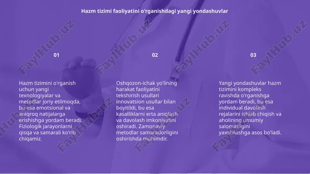 ivdir. ultratovush texnologiyalari yordamida harakat monitoringi oshqozon-ichak tizimini o'rganishda ultrason texnologiyalarining o'rni katta. ular harakatni kuzatishda qulay bo'lib, natijalar tez va ishonchli bo'lib, tashxisni yaxshilaydi. yangi texnologiyalar klinikada ko'p qo'llaniladi. 01 hazm tizimi faoliyatini o'rganishda yangi texnologiyalar va ilg'or metodlar keng qo'llanilmoqda, bu diagnostika jarayonini aniq va samarali qiladi. 02 oshqozon-ichak yo'lining harakat faoliyatini tekshirish uchun innovatsion usullar rivojlantirilmoqda, bu yordamida kasalliklarni erta aniqlash imkoniyati oshmoqda. 03 jarrohlik va klinik yondashuvlar asosida yangi diagnostik metodlar ishlab chiqilmoqda, ular xavfsizroq, tejash va davolash sifatini oshiradigan yondashuvlar hisoblanadi. yangi diagnostik usullar: jarrohlik va klinik yondashuvlar hazm tizimi faoliyatini o'rganish yangi texnologiyalar yordamida aniq va samarali usullarga ega bo'ldi. bu metodlar diagnostikani yaxshilash imkonini beradi. oshqozon ichak yo'lining harakatini tekshirish uchun innovatsion usullar kengaymoqda. rivojlangan texnologiyalar davolash jarayonlarini optimallashtiradi va bemorlarning xavfsizligini oshiradi. kelajakda texnologiyalarning rivojlanishi orqali hazm tizimi va harakat faoliyatini yanada chuqurroq o'rganish imkoniyati yuzaga keladi. bu sog'liqni saqlashda muhim yutuqlarga …