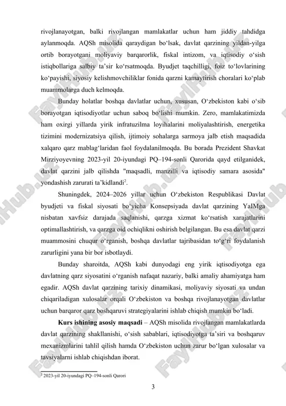 qaro qarz mablag‘laridan faol foydalanilmoqda. bu borada prezident shavkat mirziyoyevning 2023-yil 20-iyundagi pq–194-sonli qarorida qayd etilganidek, davlat qarzini jalb qilishda "maqsadli, manzilli va iqtisodiy samara asosida" yondashish zarurati ta’kidlandi[footnoteref:2]. [2: 2023-yil 20-iyundagi pq–194-sonli qarori] shuningdek, 2024–2026 yillar uchun o‘zbekiston respublikasi davlat byudjeti va fiskal siyosati bo‘yicha konsepsiyada davlat qarzining yaimga nisbatan xavfsiz darajada saqlanishi, qarzga xizmat ko‘rsatish xarajatlarini optimallashtirish, va qarzga oid ochiqlikni oshirish belgilangan. bu esa davlat qarzi muammosini chuqur o‘rganish, boshqa davlatlar tajribasidan to‘g‘ri foydalanish zarurligini yana bir bor isbotlaydi. bunday sharoitda, aqsh kabi dunyodagi eng yirik iqtisodiyotga ega davlatning qarz siyosatini o‘rganish nafaqat nazariy, balki amaliy ahamiyatga ham egadir. aqsh davlat qarzining tarixiy dinamikasi, moliyaviy siyosati va undan chiqariladigan xulosalar orqali o‘zbekiston va boshqa rivojlanayotgan davlatlar uchun barqaror qarz boshqaruvi strategiyalarini ishlab chiqish mumkin bo‘ladi. kurs ishining asosiy maqsadi – aqsh misolida rivojlangan mamlakatlarda davlat qarzining shakllanishi, o‘sish sabablari, iqtisodiyotga ta’siri va boshqaruv mexanizmlarini tahlil qilish hamda …