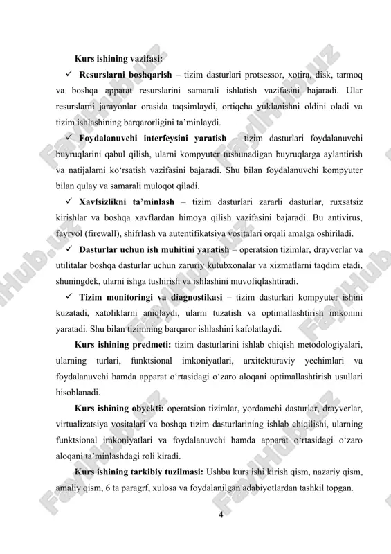 ini yaratish – operatsion tizimlar, drayverlar va utilitalar boshqa dasturlar uchun zaruriy kutubxonalar va xizmatlarni taqdim etadi, shuningdek, ularni ishga tushirish va ishlashini muvofiqlashtiradi. · tizim monitoringi va diagnostikasi – tizim dasturlari kompyuter ishini kuzatadi, xatoliklarni aniqlaydi, ularni tuzatish va optimallashtirish imkonini yaratadi. shu bilan tizimning barqaror ishlashini kafolatlaydi. kurs ishining predmeti: tizim dasturlarini ishlab chiqish metodologiyalari, ularning turlari, funktsional imkoniyatlari, arxitekturaviy yechimlari va foydalanuvchi hamda apparat o‘rtasidagi o‘zaro aloqani optimallashtirish usullari hisoblanadi. kurs ishining obyekti: operatsion tizimlar, yordamchi dasturlar, drayverlar, virtualizatsiya vositalari va boshqa tizim dasturlarining ishlab chiqilishi, ularning funktsional imkoniyatlari va foydalanuvchi hamda apparat o‘rtasidagi o‘zaro aloqani ta’minlashdagi roli kiradi. kurs ishining tarkibiy tuzilmasi: ushbu kurs ishi kirish qism, nazariy qism, amaliy qism, 6 ta paragrf, xulosa va foydalanilgan adabiyotlardan tashkil topgan. i.bob.nazariy qism 1.1. tizim dasturi tushunchasi, maqsadi va vazifalari tizim dasturi tushunchasi, maqsadi va vazifalari zamonaviy axborot texnologiyalari rivojlanishining markazida turadigan eng muhim yo‘nalishlardan biridir. har …