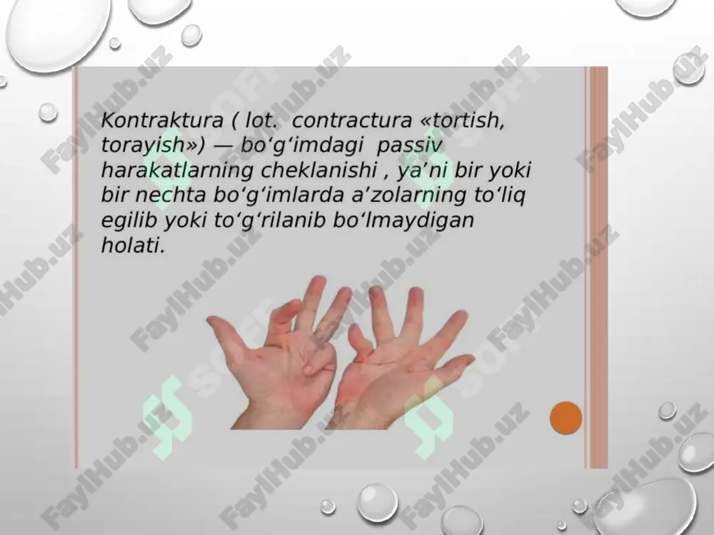 iloz — yumshoq to‘qimalar fibrozlanadi suyak ankilozi — bo‘g‘im yuzasi birikib ketadi harakatsizlik darajasi eng yuqori darajaga yetadi oyoq panjasi statik deformatsiyalari bo‘g‘imlar yuklanishining notekis taqsimlanishi paylar va mushaklar muvozanati buzilishi yurish buzilishi bilan kechadi tekis panjalik (pes planus) panja yoyiligi pasayadi og‘riq va charchash kuchayadi ortopedik poyabzal tavsiya etiladi lfk mushaklarni mustahkamlaydi varus deformatsiyasi panja ichkariga buriladi tug‘ma suyak-payo tizimi nuqsonlari bilan bog‘liq yurishning noto‘g‘ri shakllanishi valgus deformatsiyasi panja tashqariga og‘adi oyoq yuklanishining o‘zgariishi poyabzal tanlashda muammo paydo bo‘ladi e’tiboringiz uchun raxmat! image2.png image4.png image5.png image6.jpeg image7.jpeg image8.jpeg image9.jpeg image10.jpeg image3.png /docprops/thumbnail.jpeg