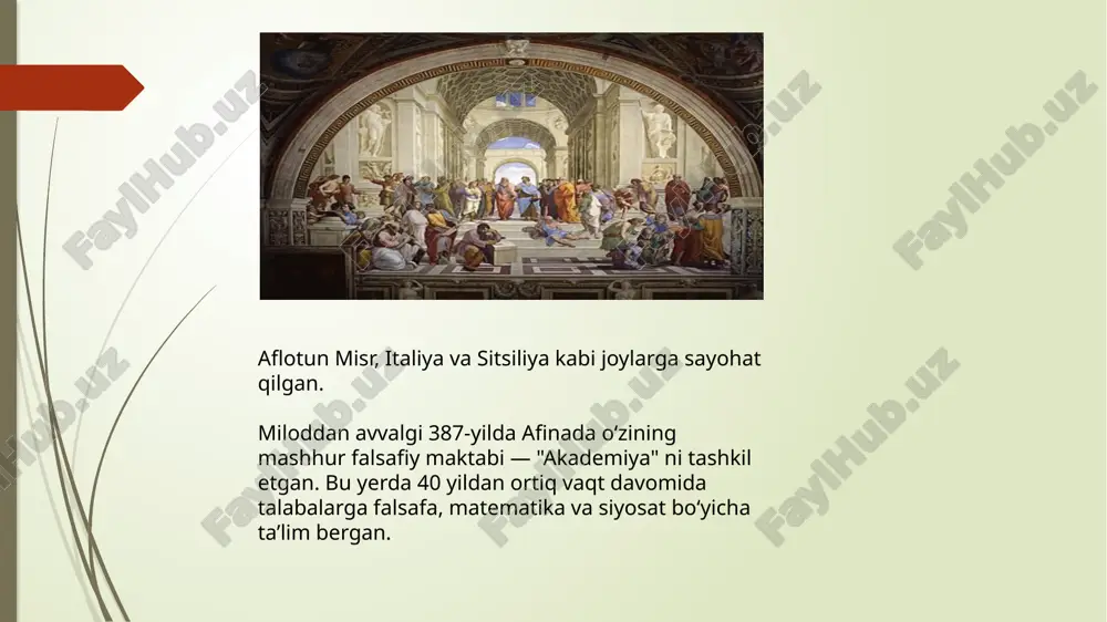 a himoyachilar shaxsiy mulkka ega bo‘lmasligi kerak, chunki shaxsiy manfaatlar davlat boshqaruviga zarar yetkazishi mumkin. marks: xususiy mulkni butunlay yo‘q qilishni taklif qilgan va resurslar davlat yoki jamiyat tomonidan kollektiv tarzda boshqarilishini maqsad qilgan. platonning asari global muammolar, masalan, ijtimoiy tengsizlik, korrupsiya va hukumatning mas’uliyatiga oid masalalarda tahliliy yondashuv taklif qiladi. g‘arb dunyosida, ayniqsa aqsh va yevropada, siyosiy falsafa va huquqshunoslikka oid dasturlar "davlat"ni o‘rganishni o‘z ichiga oladi. sharqiy falsafada, uning g‘oyalari konfutsiy va boshqa mutafakkirlarning ijtimoiy tartib haqida bergan fikrlari bilan taqqoslanadi. islomiy falsafa ham platon g‘oyalaridan katta ta’sirlangan. al-farobiy va ibn sino kabi mutafakkirlar uning "davlat" asarini sharhlaganlar va rivojlantirganlar. platonning "davlat" asari hozir ham siyosiy, falsafiy va ijtimoiy muammolarni hal qilishda muhim ahamiyatga ega, va bu ahamiyat faqat oshib bormoqda. asar insoniyat uchun har doim aktual bo‘lib qoladi, chunki u ideal jamiyatni shakllantirishga oid abadiy savollarga javob izlaydi. e`tiboringiz uchun rahmat! image1.jpeg image2.jpeg image3.jpeg image4.jpeg image5.png image6.png …