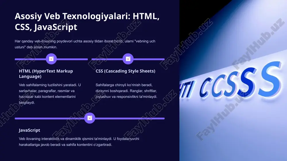 sh kabi mobil funksiyalarni qo‘llay oladi. webassembly (wasm) bu c++, rust, go kabi past darajadagi tillarda yozilgan kodni vebda deyarli ona tili tezligida ishga tushirish imkonini beruvchi ikkilik format. grafika talab qiladigan o‘yinlar va murakkab hisob-kitoblar uchun muhim. webassembly veb brauzerlarning imkoniyatlarini kengaytirib, avval faqat desktop ilovalari uchun mumkin bo‘lgan vazifalarni bajarishga imkon beradi. 7 veb ilovalar xavfsizligi va performans ilovani yaratishdan tashqari, uning xavfsizligi va tezligi ham juda muhim. bu ikki jihat foydalanuvchi ishonchini qozonishda hal qiluvchi rol o‘ynaydi. xavfsizlik protokollari https: ma'lumotlarni shifrlash va himoya qilish. oauth/jwt: foydalanuvchi autentifikatsiyasi va avtorizatsiyasi uchun standart mexanizmlar. doimiy ravishda csrf va xss kabi hujumlardan himoya vositalarini qo‘llash. performansni optimallashtirish keshlash: tez-tez so‘raladigan ma'lumotlarni va statik fayllarni saqlash orqali yuklanish vaqtini qisqartirish. cdn (content delivery network): kontentni foydalanuvchiga yaqin joylashgan serverlardan yetkazib berish. kodni minifikatsiya qilish va rasm hajmini optimallashtirish. 8 asboblar va muhitlar: ish jarayonini osonlashtirish zamonaviy dasturchilar ish samaradorligini oshirish …