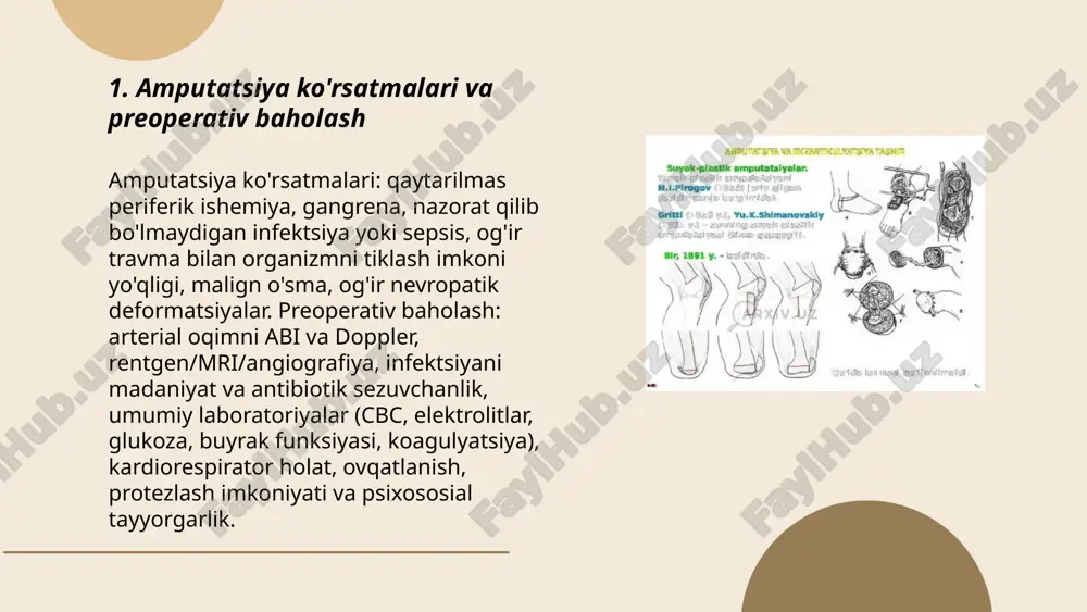 ko‘rinishni hisobga olish, sinov va individual moslashtirish. ... t.me/slaydai_bot 7. prostetik soketlarni tayyorlash va individual moslashtirish prostetik soket tayyorlash: rezidua a’zoni baholash (o‘lcham, anatomiya, teri holati), aniq gips yoki 3d skan bilan moddellashtirish, socket dizayni (ptb, tsb), materiallar (termoplastik, karbon, silikon liner). suspenziya turlari: supurish, pin, vakuum, yupqa yeng. bosim taqsimoti, quruq joylarni bo‘shatish, dinamik moslashuv, hizalanish va gait tekshiruvi. ilk moslama va 1, 3, 6 oy tekshiruvlari, teri integriteti, qulaylik va kunlik kiyish vaqtini o‘lchash. multidisipliner yondashuv va takroriy sozlash zarur. ... t.me/slaydai_bot 1. prostetik mahkamlash tizimlari: 1) suction (vakum) — hermetik muhr, yuqori stabilitet. 2) pin-lock (snap) — pin va liner bilan tez kiyinish. 3) vakum yordamli — doimiy past bosim, teri qon aylanishini yaxshilash. 4) to‘sgichlar va kamarlar — oddiy va sozlanadigan. 5) osseointegratsiya — to‘g‘ridan-to‘g‘riga suyakka implant, ortopedik jarrohlik talab qiladi. indikatsiyalar: yaxshi teri, infektsiya yo‘qligi, suyak sifati. monitoring: 1-3 oyda tekshiruv, teri va og‘riq nazorati, …