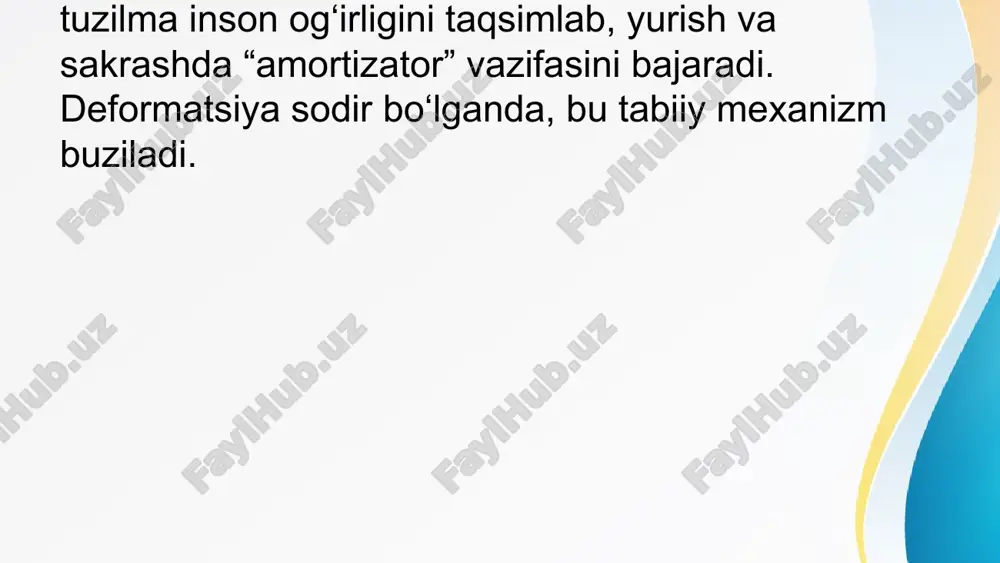 bob bilan o‘lchash. rentgen: deformatsiya darajasini aniqlash. kompyuter plantografiyasi – oyoq panjasining raqamli izini olib, yuklama taqsimotini rangli grafik ko‘rinishda ko‘rsatadi. gait-analiz – bemorning yurishini maxsus sensorli pol orqali o‘rganish usuli. 7. asoratlari tizza va son bo‘g‘imlarida artroz umurtqa pog‘onasida skolioz, bel og‘riqlari poyabzal kiyishda qiyinchilik oyoq barmoqlarida doimiy deformatsiya metatarsalgiya – oyoq old qismida doimiy og‘riq. bursit – barmoqlarda bo‘g‘im yonida suyuqlik to‘planishi. osteoxondroz – umurtqada yuklama ortishi natijasida rivojlanadi. 8. davolash konservativ usullar: ortopedik tagliklar, maxsus poyabzal mushaklarni mustahkamlovchi mashqlar (oyoq panjasi bilan shar aylantirish, qog‘oz yig‘ish, barmoqlarni siqish) massaj, fizioterapiya (parafin, elektroforez, ultratovush) oyoqni sovuq suv bilan chayish, dam berish jarrohlik usullar: og‘ir deformatsiyalarda suyak yoki yumshoq to‘qimalarni tuzatish operatsiyalari hallux valgusda suyak chiqishini olib tashlash fizioterapiya: magnitoterapiya, lazer terapiya, ultratovush. mashqlar: oyoq panjasi bilan qalamni ushlash, barmoqlar bilan matoni yig‘ish, qumda yalangoyoq yurish. jarrohlikda zamonaviy usullar: minimal invaziv osteotomiya, endoskopik operatsiyalar 9. oldini olish bolalikdan to‘g‘ri …