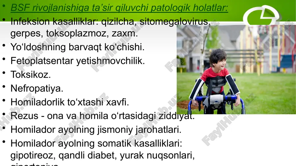 adorlik patologiyalari, o‘pkaning rivojlanish nuqsonlari, qog‘onoq suvlarining aspiratsiyasi tufayli kislorod yetishmovchiligi). oldini olish bsf profilaktikasi: homiladorlik davrida: homila vaznini nazorat qilish. rezus-konflikt profilaktikasi. kasalliklarni davolash. vitaminlar va ratsional ovqatlanish. ochiq havoda sayr qilish. muddatidan oldin tug‘ishdan saqlaning va kesarcha kesishga ko‘rsatmalarga rioya qiling. tug‘ruqdan keyin: qorinchaga qo‘yish. qattiq yo‘rgaklashdan voz kechish. yostiqsiz qattiq to‘shak. tug‘ruq jarohatida: yonboshlab yoki qorni bilan uxlash. valik bel ostiga qo‘yiladi. massaj, vannada suzish, sayr qilish. e’tiboringiz uchun raxmat image3.jpeg image4.jpeg image5.jpeg image6.jpeg image7.jpeg image8.jpeg image9.jpeg image10.jpeg image11.jpeg image2.jpeg /docprops/thumbnail.jpeg