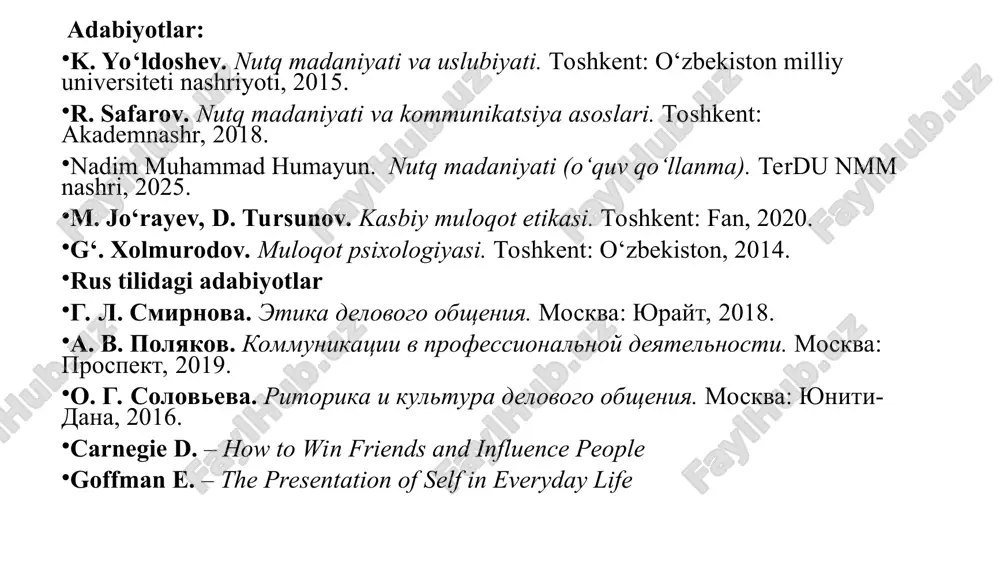 oki turli tashkilotlar o‘rtasida muayyan qoidalar va protokollar asosida olib boriladigan muloqot shaklidir. bu turdagi muloqot odatda yozma yoki og‘zaki shaklda bo‘lib, hujjatlar, hisobotlar, yig‘ilishlar va elektron pochta orqali amalga oshiriladi. rasmiy va norasmiy muloqotning farqlari rasmiy muloqot ishbilarmonlik muhitida, davlat idoralarida, ta’lim muassasalarida va boshqa jiddiy sharoitlarda qo‘llaniladi. asosiy xususiyatlari: rasmiy uslub aniq, tushunarli va diplomatik tilda gapiriladi. hurmat ifodalari “janob”, “xonim”, “hurmatli” kabi murojaat shakllari ishlatiladi. yozma va og‘zaki shakllar hujjatlar, rasmiy xatlar, elektron pochta va xizmat suhbati orqali amalga oshiriladi. muloqot doirasi ish beruvchi va xodimlar, hamkasblar, davlat vakillari, tadbirkorlar orasidagi munosabatlar. rasmiy odob qoidalari vaqtni aniq belgilash, mavzudan chetga chiqmaslik, xushmuomalalik, kiyinish odoblariga rioya qilish. norasmiy muloqot norasmiy muloqot do‘stlar, tanishlar, hamkasblar yoki oila a’zolari o‘rtasida sodir bo‘ladi. asosiy xususiyatlari: norasmiy uslub oddiy va erkin tilda muloqot qilinadi. samimiylik do‘stona muhit, hazil va shaxsiy fikrlar bo‘lishi mumkin. erkin format telefon, ijtimoiy tarmoqlar, norasmiy uchrashuvlar orqali olib …