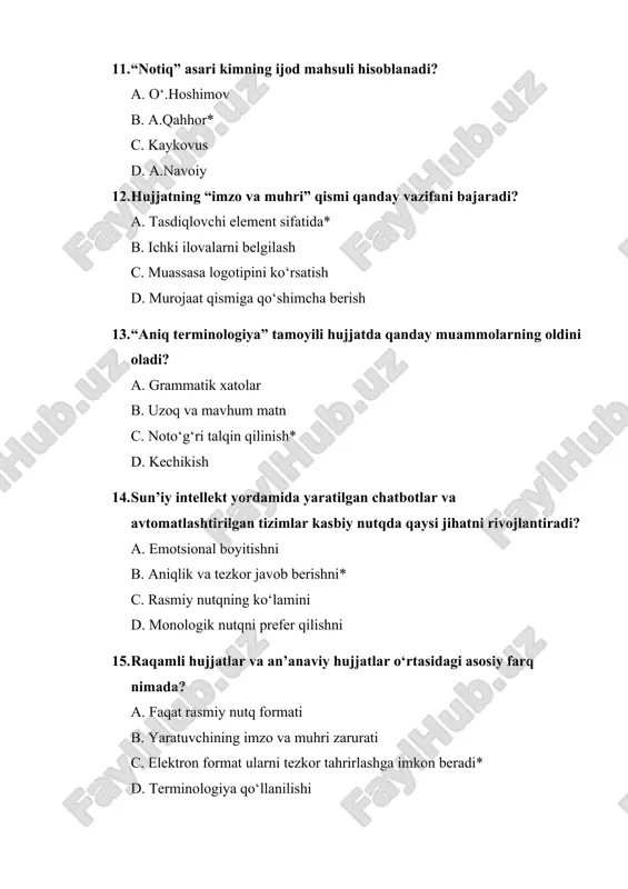 19. kasbiy nutqda xatolarni kamaytirish uchun quyidagilardan qaysi biri muhim emas? a) ehtiyotkorlik bilan tekshirish b) *muloqotni faqat og‘zaki shaklda yuritish c) terminlardan to‘g‘ri foydalanish d) grammatik xatolardan qochish 20. erving goffman nazariyasiga ko‘ra, rasmiy muloqotda insonlar qanday xulq-atvorni namoyish etadi? a) *aniq belgilangan ijtimoiy rollarga moslashadi b) harakatlarini spontant ravishda ifodalaydi c) barcha qoidalarga e'tiborsizlik qiladi d) tashqi ko‘rinishga ahamiyat bermaydi