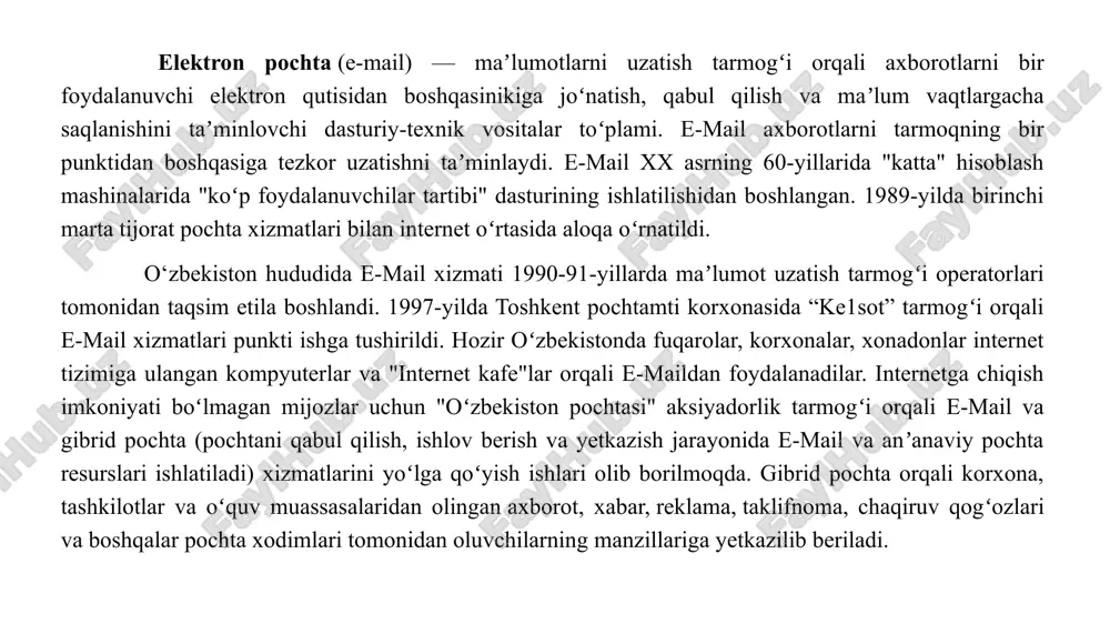 onal munosabatlaringizni yaxshilashingiz va ijobiy taassurot qoldirishingiz mumkin. elektron pochta va ijtimoiy tarmoqlarda yozish va muloqot etikasi quyidagi qoidalarga amal qilishni talab qiladi: elektron pochta etikasi mavzu sarlavhasini aniq yozing – qisqa va mazmunli sarlavha xabar mazmunini aks ettirishi lozim. rasmiy va hurmatli ohangni saqlang – "hurmatli [ism]" yoki "assalomu alaykum" kabi so‘zlardan foydalaning. maqsadni aniq tushuntiring – uzoq, mavhum yozish o‘rniga qisqa, lo‘nda va tushunarli bayon qiling. imlo va grammatika qoidalariga rioya qiling – xatoliklar rasmiyatchilik va ishonchlilikka putur yetkazishi mumkin. keraksiz fayllarni ilova qilmang – juda katta hajmli yoki keraksiz fayllarni yubormang. javob berishda ehtiyot bo‘ling – "hammasiga javob berish" funksiyasidan noto‘g‘ri foydalanmang, faqat kerakli kishilarga javob bering. xushmuomala yakun qiling – “hurmat bilan, [ism]” yoki “e’tiboringiz uchun rahmat” kabi jumlalar bilan tugating. ijtimoiy tarmoqlarda muloqot etikasi hurmat bilan muomala qiling – shaxsiy huquqlarga hurmat bilan yondashing va boshqa foydalanuvchilarni kamsitishdan saqlaning. haqorat va nizolardan qoching – bahs-munozaralarda …