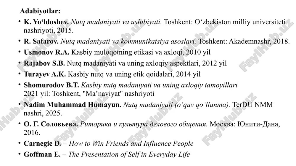 2. kompaniya madaniyatiga mos kiyim kodiga rioya qilish. vaqtga rioya qilish 1. uchrashuv va yig‘ilishlarga o‘z vaqtida kelish. 2. vaqtni samarasiz ishlatmaslik va boshqa odamlarning vaqtiga hurmat bilan yondashish. kasbiy nutqda asosiy axloqiy tamoyillar quyidagilarni o'z ichiga oladi: hurmat va xolislik: nutqda boshqa shaxslarning fikrlariga, his-tuyg'ulariga va qarashlariga hurmat ko'rsatish zarur. bu, o'z navbatida, munosabatlarni yaxshilaydi va ishdagi jamoaviy ruhni qo'llab-quvvatlaydi. ochiqlik va halollik: kasbiy nutqda to'liq va aniq ma'lumot berish, yolg'on yoki manipulyatsiyadan saqlanish muhimdir. bu ishonchni kuchaytiradi va muloqotning samaradorligini oshiradi. mas’uliyat va hisobdorlik: nutqdagi har bir so'z va harakat muhimdir. kasbiy nutqda aytilgan har bir gapning mas'uliyatini his qilish va natijalarini oldindan ko'rib chiqish kerak. tenglik va adolat: nutq orqali barcha ishtirokchilarga teng munosabatda bo'lish, ularning fikrlarini hurmat qilish va ular bilan adolatli muloqot qilish axloqiy tamoyillardan biridir. tushunish: kasbiy nutqda boshqalarning nuqtai nazarini tushunish va ular bilan samimiy munosabatda bo'lish ham axloqiy muhim tamoyillardan biridir. kasbiy …