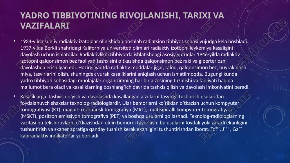 z va kiyimdan o’tib insonga 4-5mm ga singiydi. gamma nurlar juda havfli bo’lib u organism ichki azolarini shikastlashi mumkin undan himoyalanishda qalin metallardan yoki polimer kompozitorlardan foydalaniladi. radondan zararlanish havoda radon gazining mavjudligi atrof-muhitga va inson organizimi uchun havf tug’diradi. uydan tashqarida radonning havfi kamroq hisoblanadi, chunki u havoda disperslanib ketadi, ammo radon uy tagida joylashgan bo’lsa unda uy havosini zararlab yuboradi. shunday yerda ishlayotgan odamlar radon-222 izatopini yutib alfa parchalanishga uchrab poloniy-218 ga o’tadi, u esa o’pka rakiga olib keladi. tabiiy radioaktivlik nima? umuman olganda, radioaktivlik deganda zarrachalar va energiyaning beqaror yadrolardan ajralib chiqishi tushuniladi. turg'un atomlardan zarrachalarning chiqishi modda barqarorlikka yetguncha davom etadi. bu yadrolarning parchalanishi radioaktivlik jarayonidir. bu parchalanish tabiatda sodir bo'lganda, biz uni tabiiy radioaktivlik deb ataymiz. sun'iy radioaktivlik nima? biz laboratoriyalarda beqaror yadrolarni sekin harakatlanuvchi neytronlar bilan bombardimon qilib tayyorlaganimizda, biz buni sun'iy radioaktivlik deb ataymiz. pozitron-emission tomografiya pozitron-emission tomografiya-bu usulda ishlatiladigan ftor-18, organizimdagi, masalan, …