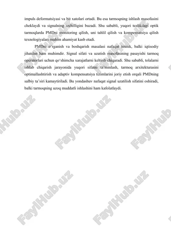 ko‘rsatadi. pmd tolada tarqalayotgan elektromagnit to‘lqinlarning polarizatsiya holatiga bog‘liq holda yuzaga keladi va differential group delay (dgd) bilan o‘lchanadi. ushbu hodisa signalning impuls shaklini kengaytiradi, bit xatolarini oshiradi va tarmoqning ishlash ishonchliligini kamaytiradi. 1-rasm. polarization mode dispersion (pmd) polarizatsiya tushunchasi optik tolada elektromagnit to‘lqinlarning elektr maydonining fazoviy yo‘nalishini ifodalaydi. har bir tolada to‘lqin ikki ortogonal polarizatsiya rejimida tarqalishi mumkin. ideal sharoitda bu ikkala rejim bir xil tezlikda harakat qiladi, ammo real tolalarda turli fizik nomuvofiqliklar va stresslar tufayli ularning tezliklari bir-biridan farq qiladi. 1960-yillarda r. g. smith va j. p. gordon optik tolada polarizatsiya tarqalishining statistik tabiati va uning signal uzatilishiga ta’sirini o‘rganib, pmd tushunchasini nazariy jihatdan asoslab berdilar (gordon & smith, 1966). ularning tadqiqotlari pmdning signal sifati va impuls deformatsiyasiga qanday ta’sir qilishini matematik modellashtirish imkonini berdi. pmdning fizik asoslari toladagi birefringence hodisasi bilan bog‘liq. birefringence tolada dielektrik yoki geometriya parametrlari ortogonal yo‘nalishlarda farq qilishi natijasida yuzaga keladi. tolada …