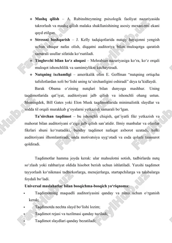 orqali muloqot ishonchlilik va samimiylikni kuchaytiradi. · nutqning ixchamligi – amerikalik olim e. goffman “nutqning ortiqcha tafsilotlardan xoli bo‘lishi uning ta’sirchanligini oshiradi” deya ta’kidlaydi. barak obama o‘zining nutqlari bilan dunyoga mashhur. uning taqdimotlarida qat’iyat, auditoriyani jalb qilish va ishonchli ohang ustun. shuningdek, bill gates yoki elon musk taqdimotlarida minimalistik slaydlar va sodda til orqali murakkab g‘oyalarni yetkazish samarali bo‘lgan. ta’sirchan taqdimot – bu ishonchli chiqish, qat’iyatli fikr yetkazish va mahorat bilan auditoriyani o‘ziga jalb qilish san’atidir. ilmiy manbalar va olimlar fikrlari shuni ko‘rsatadiki, bunday taqdimot nafaqat axborot uzatadi, balki auditoriyani ilhomlantiradi, unda motivatsiya uyg‘otadi va esda qolarli taassurot qoldiradi. taqdimotlar hamma joyda kerak: ular mahsulotni sotish, tadbirlarda nutq so‘zlash yoki rahbariyat oldida hisobot berish uchun ishlatiladi. yaxshi taqdimot tayyorlash ko‘nikmasi tadbirkorlarga, menejerlarga, startapchilarga va talabalarga foydali bo‘ladi. universal maslahatlar bilan bosqichma-bosqich yo‘riqnoma: · taqdimotning maqsadli auditoriyasini qanday va nima uchun o‘rganish kerak; · taqdimotda nechta slayd bo‘lishi lozim; · taqdimot …
