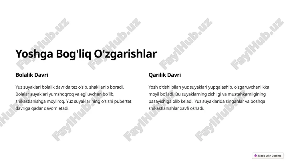 olish 1 sog'lom turmush tarzi sog'lom turmush tarzi suyaklarning mustahkamligini saqlashda muhim rol o'ynaydi. to'g'ri ovqatlanish, muntazam jismoniy mashqlar va chekishdan bosh tortish yuz suyaklarining rivojlanishiga ijobiy ta'sir qiladi. 2 tug'ma nuqsonlarni erta tashxislash tug'ma nuqsonlarni erta aniqlash va davolash yuz suyaklari anomaliyalarini oldini olishda muhim rol o'ynaydi. homiladorlik davrida muntazam tekshiruvlardan o'tish va tug'ma nuqsonlar xavfini kamaytirish choralarini ko'rish kerak. 3 yuz suyaklari shikastlanishlaridan ehtiyotkorlik yuz suyaklari shikastlanishlaridan ehtiyotkorlik choralarini ko'rish muhim. masalan, velosiped haydashda dubulg'a kiyish, sport bilan shug'ullanishda xavfsizlik choralarini ko'rish va boshqa shikastlanish xavfini kamaytiruvchi usullarni qo'llash kerak. 9 yuz suyaklari anomaliyalari: xulosa 1 anomaliyalar yuz suyaklarining rivojlanishiga bog'liq anomaliyalar turli xil shakllarda va og'irlik darajalarida uchraydi. ular yuzning shaklini, nafas olish, ovqat hazm qilish va nutqni ta'sir qilishi mumkin. 2 tashxislash tashxis qo'yish jismoniy tekshirish, rontgenografiya va kt tekshiruvlari yordamida amalga oshiriladi. erta tashxis qo'yish va davolash samaradorligini oshiradi. 3 davolash davolash usullari anomaliyaning turiga …