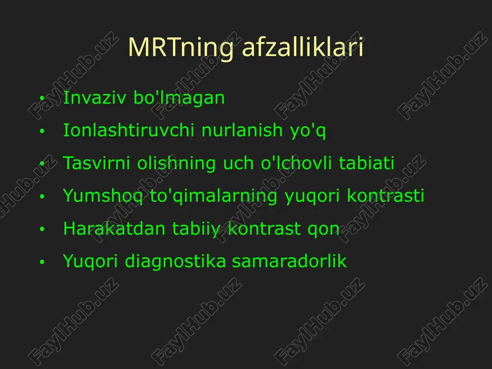 i mr signali kompyuter tomonidan o'zgartiriladi va tasvirlarni yaratish uchun ishlatiladi miyaning mrt tekshiruvining zamonaviy usullari perfuzion mri - kapillyar darajadagi qon oqimi haqida ma'lumot olish imkonini beradi diffuziya mri - hujayra membranalari orqali suv molekulalarining harakatini miqdoriy aniqlash imkonini beradi mr spektroskopiyasi - miya moddasida n-asetilaspartat, laktat, xolin, miyo-inositol kabi metabolitlarning kontsentratsiyasini aniqlash yoki miya to'qimalarining ph darajasini o'lchash imkonini beradi. mr traktografiyasi - miya yo'llari, masalan, kortikomurilik traktining borishini tasavvur qilish imkonini beradi funktsional mri - miya yarim korteksining funktsional maydonlarini, masalan, vosita yoki nutq korteksini xaritalash imkonini beradi. miyaning mr sinusografiyasi yuqori sagittal sinus sigmasimon sinus transvers sinus galenaning katta venasi to'g'ridan-to'g'ri sinus travmatologiya va ortopediyada mri mri radiologik (shu jumladan kt) belgilari paydo bo'lishidan ancha oldin suyak to'qimalarining infiltratsiyasi va yo'q qilinishini, suyak iligi almashtirilishini aniqlash imkonini beradi. shu sababli, mri femur boshlarining avaskulyar nekrozini, stressni va radiologik yashirin yoriqlarni erta tashxislash uchun tanlov usuli hisoblanadi. …