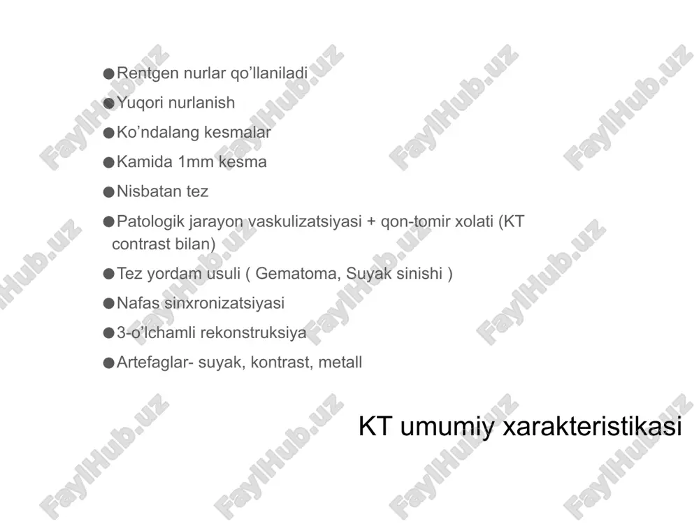 i yuqori skanerlash tezligi - har bir aylanishi uchun 0,5 soniyagacha. qalinligi 1,0 va 0,5 mm bo'lgan yuqori aniqlikdagi qismlarni olish. kichik tafsilotlarni o'tkazib yubormasdan, o'rganilayotgan hududning butun hajmidan ma'lumotlarni to'playdi qayta tiklangan bo'laklarning qalinligi va balandligini o'zgartirgan holda posteriori rekonstruksiya qilish imkoniyati uch o'lchamli hajmli tasvirlarni qurish bolus kontrastini tomir ichiga yuborish imkoniyati zamonaviy ktdan foydalanish sohalari msktga ko’rsatmalar kompyuter tomografiyasi onkologiya xirurgik kasalliklar travma tizimli kasalliklar qon tomir kasalliklari yallig’lanish kasalliklari no’malum etiologiyali bemorning og’ir axvoli tug’ma anomaliyalar mskt uchun qanday qarshi ko’rsatmalar mavjud va bunday tadqiqot tanaga zararlimi? mskt ning zarari an'anaviy kompyuter tomografiyasiga qaraganda ancha past, diagnostika xavfsiz deb hisoblanadi. msct kontrastli va kontrastsiz qanchalik tez-tez bajarilishi mumkinligi, radiatsiya ta'sirini hisoblaydigan va bemorning ahvolini hisobga oladigan davolovchi shifokor tomonidan hal qilinadi. shu bilan birga, davolanish oralig'i kamida 4 hafta bo'lishi kerak. kontrast agentga kelsak, u tanaga zarar etkazmaydi va bir kun ichida chiqariladi. tekshiruvga tayyorgarlik tekshiruvga …
