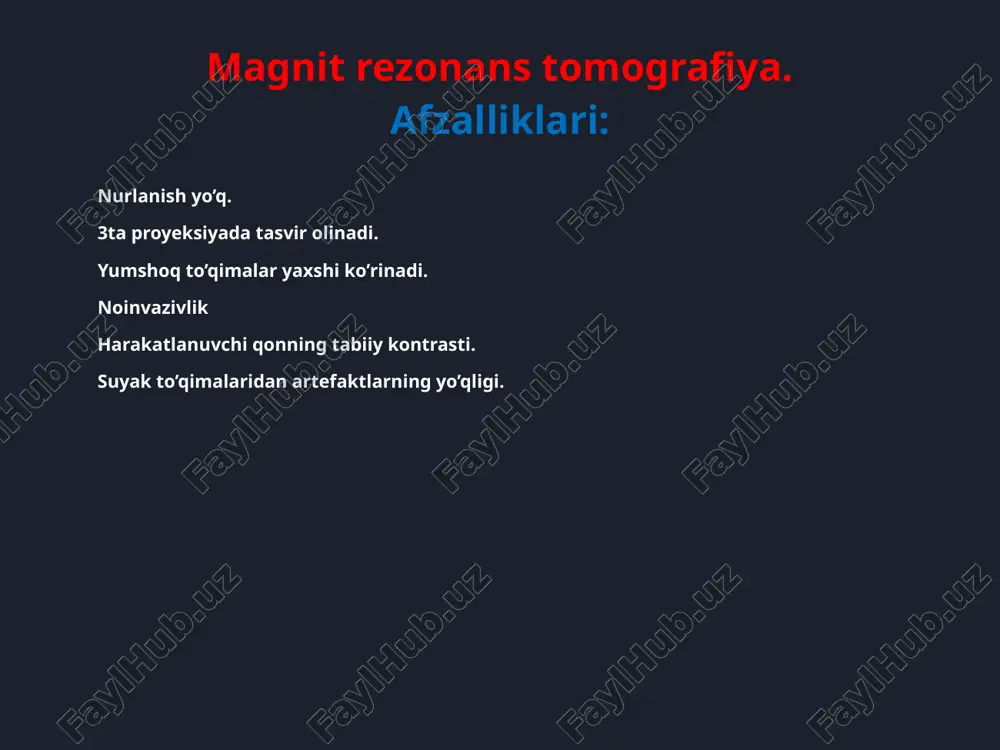 ligi, xarakteri, bosimlar gradienti, perfuziya o'rganiladi doppler effekti qo'llaniladi - harakatlangan ob’ektdan (eritrotsitlardan) qaytgan ultratovush chastotasi o'zgarishi, tezlikga bog’lik. anexogen-tovush yo’qligi hammasi o’tib ketadi ,rangi qora. -qovuq,o’t pufagi,qon tomirlar, gipoexogen-kulrang ko’rinadi,bir qismi o’tib bir qismi qaytadi. -jigar,taloq,qalqonsimon bez,parenxematoz organlarda. giperexogen-oq ko’rinadi,umuman o’tkazmaydi. -suyak,kapsula,qon tomir devori,tog’ay. datchik turlari: yuqori chastotali(yuzaki organlar) -chiziqli datchik,transvaginal datchik (qalqonsimon bez,sut bezi,bachadon). past chastotali(chuqur organlar) -sektor datchik,qavariq datchik(qorin bo’shlig’i organlari,yurak). chiziqli qavariq neyrosonografiya-1yoshgacha bolalarda bosh miyani liqildoq orqali tekshirish usuli. datchik:sektor datchikli. b rejim va d rejimdan foydalanamiz. exokardiografiya-yurakni uzi tekshiruvi. datchik:sektor b,d va m rejimlarda. e’tiboringiz uchun rahmat!!! image1.jpeg image2.jpeg image3.jpeg image4.jpeg image5.jpeg image6.jpeg image7.jpeg image8.jpeg image9.jpeg image10.jpeg