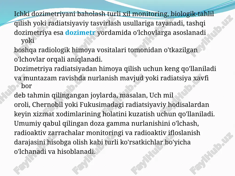 ga qarab ekranda, plyonkada soya yoki yorug‘lik turli darajada ifodalanadi. rentgen nurlarini suyak to‘qimasi (xammadan ko‘p), muskul,tog‘ay va yog‘ to‘qimasi (kamroq), tomir va nervlar (juda kam) singdiradi, o‘pka to‘qimasi esa deyarli singdirmaydi. shuning uchun a`zolarni ekranda ko‘rganda, ekran turlicha yoritiladi. nurlar o‘pkadan o‘tganda ekranni juda ham yorug‘ qiladi. yurak va yirik tomirlar oldida ekran yorug‘ligi kamayadi, qovurg‘alar va umurtqa suyagi oldida ekran qorong‘i bo‘ladi. shuning uchun ko‘krak qafasi ekranda turli soyalar paydo qiladi (tabiiy kontrast sharoit), bu esa a`zolarning sog‘lom yoki kasalligini aniqlashga imkon beradi. bularning hammasi rentgenologik tekshirish usullari yaratilishiga asos bo‘lgan. radiodiagnostik tekshirishlar quyidagi radionuklid va rfp lar bilan o‘tkaziladi: 1) s e l e n (75se), yarim parchalanish davri 120 kun. parchalanganda 0,121 - 401 mev gamma kvant energiya quvvat chiqaradi. metionin bilan birga qo‘llaniladi. kritik (to‘planadigan) a`zo jigar va me`da osti yezi. 2.y o d-131 (1311), yarim parchalanish davri 8,1 kun. parchalanganda 0,6 mev beta zarrachalar …