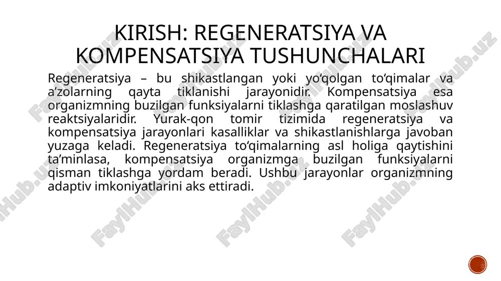 regeneratsiya va kompensatsiyani optimallashtirishga qaratilgan integratsiyalashgan yondashuv yurak-qon tomir kasalliklari bilan og‘rigan bemorlarning hayot sifatini yaxshilashga va kasallikning prognozini yaxshilashga yordam beradi. i have provided detailed information for each slide. let me know if you would like me to make any changes or adjustments. e'tiboringiz uchun rahmat! image4.png image3.png image2.png /docprops/thumbnail.jpeg