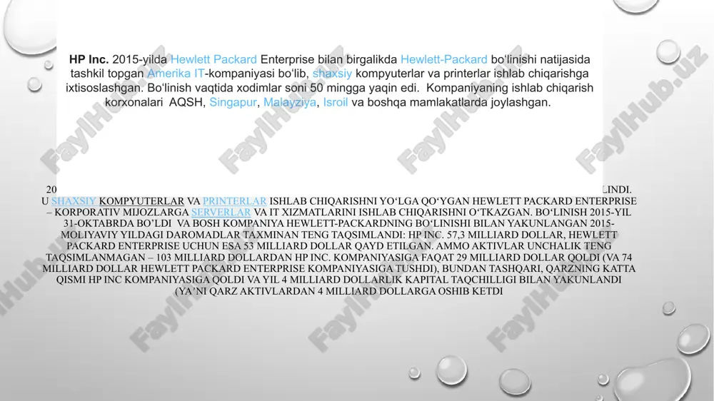 alar bilan jihozlangan. 5. brend obro‘si • hp pavilion ko‘pchilikda “hamyonbop va ishonchli noutbuk” sifatida tanilgan. • global miqyosda talab yuqori bo‘lgani uchun ko‘p mamlakatlarda yetakchi sotuvchilar qatorida turadi. hp ning boshqa raqobatchilaridan ustunligi hp ni apple bilan solishtiradigan bo’lsak, bu brend sifatli printer ishlab chiqarish bn ustun. chunki, apple printer ishlab chiqarmaydi. shuningdek, apple mahsulotlarining sifatli bo’lishiga qaramay qimmatligi tufayli oddiy qatlamdagi odamlar sotib olishga qiynaladi. hp esa hamma turdagi insonlar uchun mos keladi narx jihatdan. hp ni lenovo bn taqqoslaydigan bo’lsak, birinchidan brend hisobiga ikkinchidan esa printer ishlab chiqarish va dizayn va imidj bo’yicha kuchli hisoblanadi. ishlab chiqarish xarajatlari hp kompaniyasini xarajatlari va daromadlariga keladigan bo’lsak, 2025-yil iyul oyining oxiriga nisbatan oladigan bo’lsak, 53.56 mln$ ga tovarlarini sotgan va sof foyda 10.28mln$ ishlab chiqarish xarajatlari 43.28mln$ ga teng bo’ladi. xuddi shu statistikaga ko’ra 2024-yilda sotilgan tovarlar 41.741 mln$ sof foyda esa 11.82 mln$ xarajatlar esa 29.921 mln$ ga …
