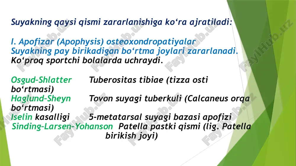 , tos deformatsiyasi travmatik / shikastdan keyingi sinish, jarrohlikdan keyin deformatsiya darajasi (cobb bo‘yicha) i daraja 5–10° vizual deyarli bilinmaydi ii daraja 11–25° yelka, kurak assimetriyasi iii daraja 26–50° ko‘krak qafas deformatsiyasi iv daraja >50° nafas va yurak tizimi buziladi diagnostika 1. vizual tekshiruv va adams testi 2. rentgenografiya (asosiy) cobb burchagi aniqlanadi umurtqa rotatsiyasi baholanadi 3. mrt — tug‘ma yoki nevrologik sabablarda 4. kt — jarrohlik oldi rejalashda davolash tamoyillari i–ii daraja konservativ: shroth terapiyasi (nafas–yuqori mushaklarni sinxron kuchaytirish) suzish (ko‘krakda yengil usul) massaj + fizioterapiya to‘g‘ri holatda o‘tirish va yotish gigienasi ii–iii daraja korset bilan davolash boston, milwaukee, cheneau korseti kuniga 18–23 soat kiyiladi iii–iv daraja jarrohlik (agar cobb > 40–50° va progres davom etayotgan bo‘lsa) umurtqalar transpedikulyar vintlar bilan fiksatsiya qilinadi (spinal stabilizatsiya) foydalanilgan adabiyotlar 1. yunusov a.x., ro'ziev sh.a. travmatologiya va ortopediya. toshkent: «tibbiyot», 2019. 2. xidoyatov k.x., umarov n.a. bola ortopediyasi. toshkent: «ibn sino», 2018. …