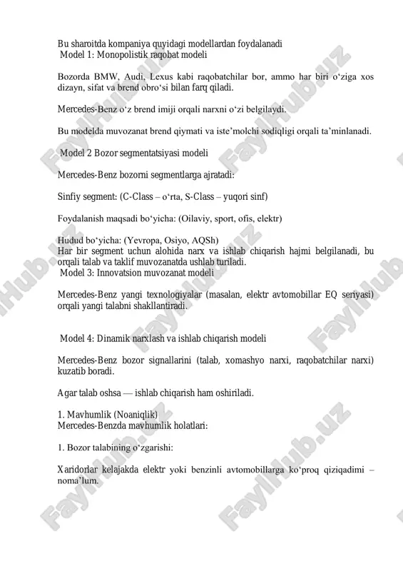 ikni kuchaytiradi. 🧠 xulosa: mercedes-benz uchun mavhumlik — bu bashorat qilib bo‘lmaydigan, ammo ehtimoli mavjud bo‘lgan tashqi omillar majmuasidir. 2. tavakkalchilik (risk) – risk tavakkalchilik — bu mavhumlik mavjud bo‘lgan, lekin oqibatlari va ehtimoli taxmin qilinadigan holatdir. ya’ni kompaniya tavakkalni baholashi va boshqarishi mumkin. mercedes-benzdagi asosiy risk turlari: 1. moliyaviy risk valyuta kurslarining o‘zgarishi (euro, dollar, yuan) foiz stavkalari oshishi xomashyo narxining o‘zgarishi (masalan, metall yoki batareya materiallari) 2. bozor riski xaridorlarning brendga bo‘lgan qiziqishi kamayishi raqobatchilarning arzonroq yoki ilg‘or modellar chiqarishi 3. texnologik risk yangi texnologiyalar tez eskirishi yoki kutilgan natija bermasligi elektr avtomobillar uchun batareya ishlab chiqishda kechikish 4. ekologik va siyosiy risk yevropa ittifoqi yoki aqshda ekologik talablar kuchayishi ayrim davlatlarda bojxona siyosati yoki savdo cheklovlari 5. ishlab chiqarish riski yetkazib beruvchilar bilan muammo (logistika, ehtiyot qismlar kechikishi) ishchilar noroziligi yoki ish tashlashlar mercedes-benz tavakkalchilikni kamaytirish strategiyalari: 1. diversifikatsiya – turli mamlakatlarda zavodlar ochish (germaniya, aqsh, xitoy, …