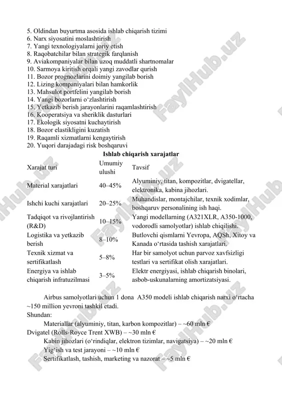 ologiyasi bilan raqobat qiladi narx belgilash usullari 1. xarajatga asoslangan narx belgilash 2. qo‘shilgan qiymat asosida narx belgilash 3. bozor yo‘nalishiga qarab narx belgilash 4. talab elastikligiga asoslangan narx belgilash 5. diskontlash 6. lizing asosida narx belgilash 7. segmentatsiyalangan narx belgilash 8. prestijli narx belgilash) 9. psixologik narx belgilash 10. paket narx belgilash 11. loyihaviy narx belgilash 12. narxni differensiallashtirish 13. kirish narx belgilash 14. narxni oshirish orqali sifat signali berish 15. narxni barqarorlashtirish siyosati 16. raqobatbardosh narx 17. dinamik narx belgilash 18. uzoq muddatli shartnoma asosida narxni fiksatsiya qilish 19. narxni rag‘batlantirish 20. hayotiy sikl asosida narx belgilash to’laydigan soliqlari airbus se kompaniyasining 2022-2024 yillari bo‘yicha soliq xarajati (income tax expense) va — iloji boricha — to‘langan soliq (income tax paid) bo‘yicha jadval keltirilgan: yil soliq xarajati (million €) to‘langan soliq (million €) 2022 ~ 17 mln € (−17 mln €) — 2023 ~ 1 156 mln € — …