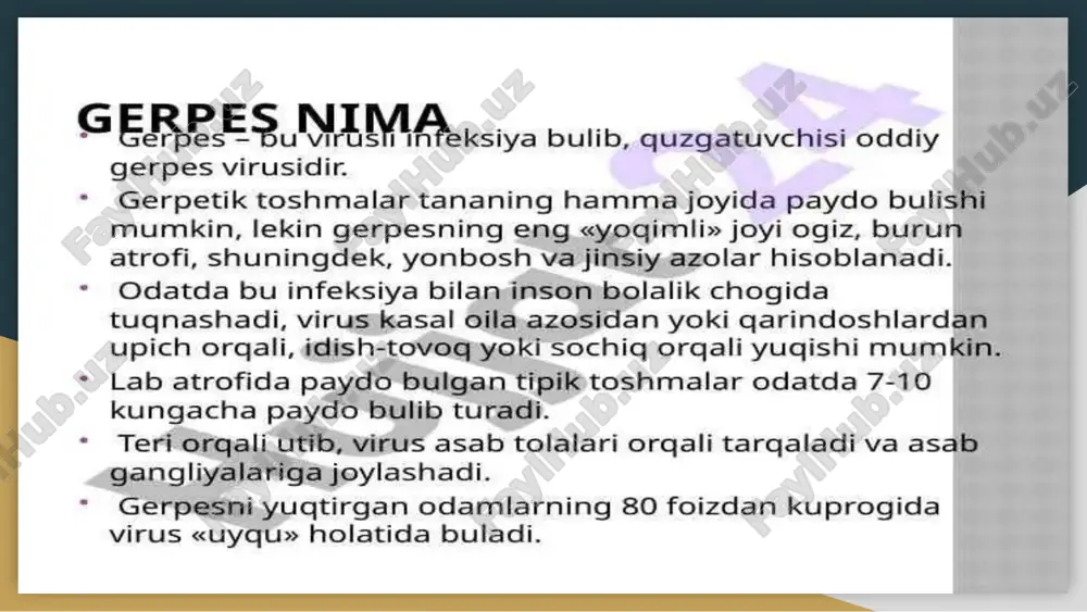 dilar: "aciklovir" ("zoviraks") - tana hujayralarida oddiy gerpes virusi tarqalishini oldini oladi. "famciklovir" ("famvir") - herpes zoster va herpes simplex virusi shtammlarini o'ldiradi. "valasiklovir" ("valtareks") - ta'sir qilish modeli "aciklovir" ga o'xshaydi, lekin undanda kuchli dori. "panavir" - qichishish va og'riqni yo'qotish uchun ishlatiladi. "flavozid" – oddiy gerpes virusiga qarshi sirop. "proteflazid" - kasallikka qarshi tomchilar. oldini olish gerpesning oldini olish uchun shifokorlar quyidagilarni tavsiya qiladilar: jinsiy sherik tanlashda ehtiyot bo'lish; prezervativlardan foydalanish; antiseptiklardan foydalanish; gerpes bilan kasallangan bemor terisi bilan aloqa qilgandan so'ng, odatiy gigiena qoidalarini bajarish; jamoat joylaridan uyga qaytgandan so`ng qo'llarni yuvish yoki tozalash. shaxsiy gigiena qoidalarini e'tiborsiz qoldirmaslik; gerpesga qarshi vaksinalar “vitagerpavak” - bu hsv infeksiyasini davolashda ham, oldini olishda ham qo'llaniladigan gerpesga qarshi emlashdir. undan yillar davomida foydalanilib kelinadi. vaksina virusning inaktivlangan antitanalarini o'z ichiga oladi, bu esa bemorda immunitet reaksiyasi hosil bo`lishini rag'batlantiradi. bemorlar ushbu vaksinani yaxshi o`tkazadilar. “vitagerpavak”ning uzoq vaqt davomida immunitet ishlab …