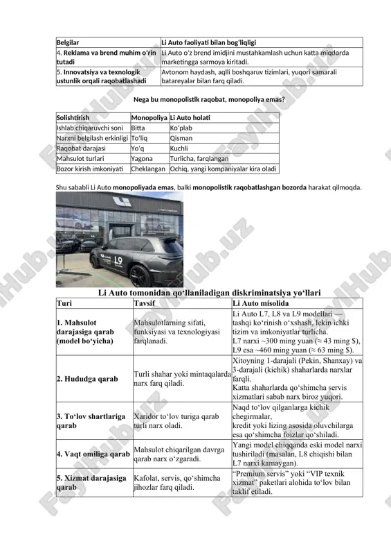 icha) mahsulotlarning sifati, funksiyasi va texnologiyasi farqlanadi. li auto l7, l8 va l9 modellari — tashqi ko‘rinish o‘xshash, lekin ichki tizim va imkoniyatlar turlicha. l7 narxi ~300 ming yuan (≈ 43 ming $), l9 esa ~460 ming yuan (≈ 63 ming $). 2. hududga qarab turli shahar yoki mintaqalarda narx farq qiladi. xitoyning 1-darajali (pekin, shanxay) va 3-darajali (kichik) shaharlarda narxlar farqli. katta shaharlarda qo‘shimcha servis xizmatlari sabab narx biroz yuqori. 3. to‘lov shartlariga qarab xaridor to‘lov turiga qarab turli narx oladi. naqd to‘lov qilganlarga kichik chegirmalar, kredit yoki lizing asosida oluvchilarga esa qo‘shimcha foizlar qo‘shiladi. 4. vaqt omiliga qarab mahsulot chiqarilgan davrga qarab narx o‘zgaradi. yangi model chiqqanda eski model narxi tushiriladi (masalan, l8 chiqishi bilan l7 narxi kamaygan). 5. xizmat darajasiga qarab kafolat, servis, qo‘shimcha jihozlar farq qiladi. “premium servis” yoki “vip texnik xizmat” paketlari alohida to‘lov bilan taklif etiladi. № narx diskriminatsiyasi turi mazmuni amaliy misol (li …