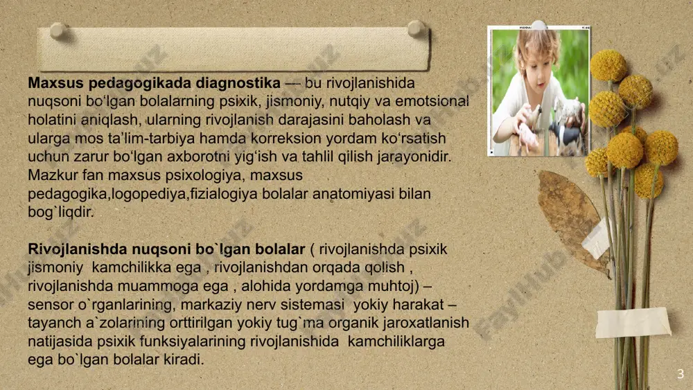 rlamchi nuqsonlar kuzatiladi; 9 psixodiagnostika bola rivojlanishining nuqsonlarini va uning o`ziga xos psixologo-pedagogic xususiyatlarini aniqlaydi. boladagi ushbu xususiyatlarini bilish bolaning imkoniyatlariga mos maktabgacha va maktab ta`lim dasturini , ta`lim muassasasini turini ishlab chiqishga yordam beradi. 10 rivojlanishida nuqsoni bo`lganlarni psixodiagnostikasi uch bosqichda amalga oshiriladi. skrining- tashxis differensial-tashxis individual-korreksion dastur ishlab chiqish maqsadida bolani chuqur psixologo-pedagogik o`rganish. 11 12 skrining – tashxisning asiosiy maqsadi psixologik rivojlanish davridagi turli nuqson va kamchiliklarga ega bolalarni erta aniqlash, bola rivojlanishidagi psixologo-pedagagik muammosini aniqlab, unga ummumta`lim muassasalarida sharoitlar yaratishdir. differensial tashxis rivojlanish nuqsonini aniqlaydi, va uning natijalari orqali bolaning imkoniyatlariga xos ta`lim shakllari aniqlaniladi. differensial tashxisning vazifalari quyidagilar; -bola rivojlanishidagi aqliy ,nutqiy va hissiy nuqsonlar xarakteri va darajasini aniqlash. -birlamchi va ikkilamchi nuqsonlarni aniqlash hamda buzilishini tizimli taxlil qilish. 13 -harakat –tayanch apparati,ko`ruv eshituv kamchiliklarida psixik rivojlanish nuqsonlarining xususiyatlariga baho berish; -pedagogic tashxisni aniqlash va baho berish; 14 . 15 16 aqli zaiflik f70. yengil …