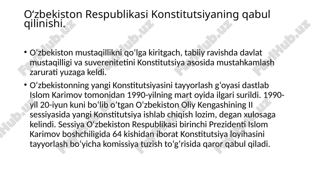 ‘yilgan. konstitutsiyada davlatning «o‘zbekiston respublikasi» va «o‘zbekiston» degan nomlari bir ma’noni anglatadi, deb belgilab qo‘yilgan. ikkinchi tamoyil - xalq hokimiyatchiligidir. 7-14-moddalarda xalq davlat hokimiyatining birdan-bir manbayidir, o‘zbekiston xalqini millatidan qat’i nazar uning fuqarolari tashkil etadi, davlat o‘z faoliyatini inson va jamiyat farovonligini ko‘zlab amalga oshiradi, deb ko‘rsatilgan. konstitutsiyaning tamoyillari. uchinchi tamoyil-davlat hokimiyatining uch tarmoqqa bo‘linishidir. o‘zbekiston davlat hokimiyati tizimi hokimiyatning qonun chiqaruvchi, ijro etuvchi va sud hokimiyatlariga bo‘linishi qonunlashtirildi. to‘rtinchi tamoyil-bu demokratiyaga sodiqlikdir. konstitutsiyada demokratiya va ijtimoiy adolatga sadoqat e’lon qilinadi hamda insonparvar demokratik – huquqiy davlat barpo etish nazarda tutiladi. beshinchi tamoyil-konstitutsiya va qonunlarning ustuvorligidir. konstitutsiyaning 15-moddasida «o‘zbekiston respublikasida o‘zbekiston respublikasining konstitutsiyasi va qonunlarining ustunligi so‘zsiz tan olinadi. davlat, uning organlari, mansabdor shaxslar, jamoat birlashmalari, fuqarolar konstitutsiya va qonunlarga muvofiq ish ko‘radilar», deb belgilab qo‘yilgan. konstitutsiyaning tamoyillari. oltinchi tamoyil l-xalqaro andozalar darajasida ifodalangan fuqarolar huquqlari, erkinliklari va majburiyatlarining tengligi va daxlsizligidir. o‘zbekiston fuqarolarining huquqlari muhim xalqaro hujjatlar - «inson …