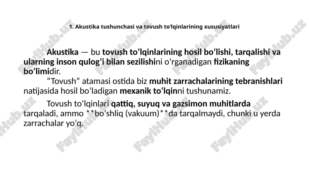 hu bilan birga, infratovushning inson organizmiga ta’siri ham muhimdir. juda kuchli infratovush to‘lqinlari uzoq vaqt davomida ta’sir qilganda, insonda bosh og‘rishi, yurak urishining o‘zgarishi, muvozanat buzilishi, charchoq va bezovtalik kuzatilishi mumkin. shuning uchun sanoat obyektlarida infratovush darajasi maxsus asboblar bilan nazorat qilinadi. xulosa qilib aytganda, infratovush — bu past chastotali, inson qulog‘i eshita olmaydigan, lekin uzoq masofalarga tarqala oladigan tovush to‘lqinidir. u tabiiy hodisalarda keng uchraydi va ilm-fan, texnika hamda hayvonlar hayotida muhim rol o‘ynaydi. 4. ultratovush: xususiyatlari va qo‘llanilish sohalari 1. ultratovush tushunchasi ultratovush — bu chastotasi inson eshita oladigan tovush diapazonidan yuqori bo‘lgan (ya’ni 20 khz dan yuqori) mexanik to‘lqinlardir. odam qulog‘i taxminan 16–20 000 gts (hz) gacha bo‘lgan tovushlarni eshita oladi, ultratovush esa bu chegaradan yuqori chastotalarga ega bo‘ladi — 20 khz dan bir necha gigagerts (ghz) gacha. 2. ultratovushning xususiyatlari to‘lqin tabiati — ultratovush mexanik to‘lqin bo‘lib, modda zarrachalarining tebranishi orqali tarqaladi. chastotasi juda yuqori — …