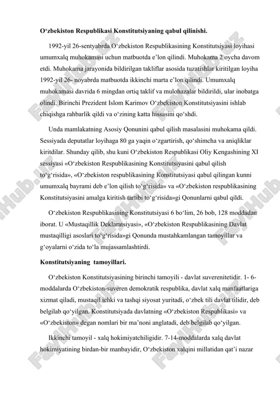 alarda xalq davlat hokimiyatining birdan-bir manbayidir, o‘zbekiston xalqini millatidan qat’i nazar uning fuqarolari tashkil etadi, davlat o‘z faoliyatini inson va jamiyat farovonligini ko‘zlab amalga oshiradi, deb ko‘rsatilgan. uchinchi tamoyil-davlat hokimiyatining uch tarmoqqa bo‘linishidir. o‘zbekiston davlat hokimiyati tizimi hokimiyatning qonun chiqaruvchi, ijro etuvchi va sud hokimiyatlariga bo‘linishi qonunlashtirildi. to‘rtinchi tamoyil-bu demokratiyaga sodiqlikdir. konstitutsiyada demokratiya va ijtimoiy adolatga sadoqat e’lon qilinadi hamda insonparvar demokratik – huquqiy davlat barpo etish nazarda tutiladi. beshinchi tamoyil-konstitutsiya va qonunlarning ustuvorligidir. konstitutsiyaning 15-moddasida «o‘zbekiston respublikasida o‘zbekiston respublikasining konstitutsiyasi va qonunlarining ustunligi so‘zsiz tan olinadi. davlat, uning organlari, mansabdor shaxslar, jamoat birlashmalari, fuqarolar konstitutsiya va qonunlarga muvofiq ish ko‘radilar», deb belgilab qo‘yilgan. oltinchi tamoyil l-xalqaro andozalar darajasida ifodalangan fuqarolar huquqlari, erkinliklari va majburiyatlarining tengligi va daxlsizligidir. o‘zbekiston fuqarolarining huquqlari muhim xalqaro hujjatlar - «inson huquqlari butun jahon deklaratsiyasi», «iqtisodiy, sotsial va madaniy huquqlar to‘g‘risida xalqaro akt», «fuqarolik va siyosiy huquqlar to‘g‘risida xalqaro akt» va boshqalar asosida bayon etilgan. …