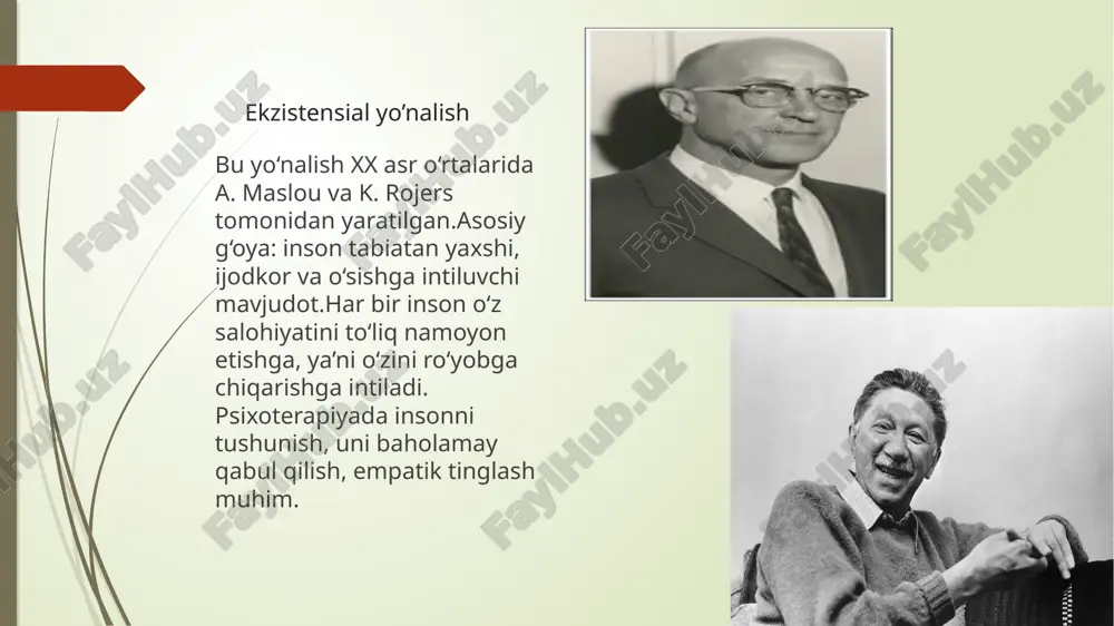 imaga e’tibor qaratadi? a) bolalikdagi travmalar b) xulq-atvorni o‘zgartirish c) hayot ma’nosi va shaxsiy tanlovga d) ongsiz jarayonlarga 2. ekzistensial terapiya asoschilari kimlar hisoblanadi? a) froy d va yung b) rojers va maslou c) frankl va mey d) skinner va pavlov 3. ekzistensial terapiya qanday yo‘nalishga mansub? a) davranish (behavioristik) b) insonparvar (gumanistik) c) kognitiv d) psixoanalitik 4. ekzistensial terapiyada “ekzistensiya” so‘zi nimani anglatadi? a) ongsiz instinktlar b) insonning mavjudligi c) xulq-atvor shakli d) tashqi nazorat 5. viktor frankl tomonidan yaratilgan yo‘nalish nomi: a) logoterapiya b) kognitiv terapiya c) gestalt terapiya d) psixoanaliz 6. ekzistensial terapiyaning asosiy maqsadi: a) mijozning o‘tgan hayotini tahlil qilish b) shaxsni o‘z hayotining ma’nosini topishga yo‘naltirish c) xulqni mukammallashtirish d) o‘tmishdagi xatolarni tuzatish 7. ekzistensial vakuum tushunchasini kim kiritgan? a) k. rojers b) v. frankl c) s. froy d d) e. erikson 8. ekzistensial terapiyada asosiy qadriyatlardan biri: a) jazolash b) erkinlik c) rag‘bat d) …