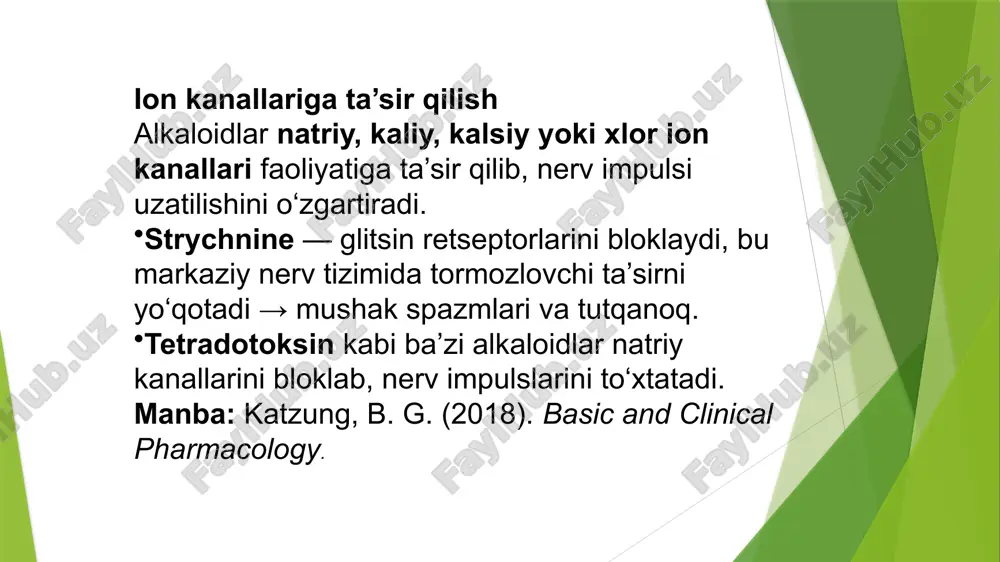 eobromin yurak stimulyatori, diuretik colchicum autumnale o‘rgimchak guli (zaharli) kolxin podagra (bo‘g‘im shamollashi)da ishlatiladi qiziqarli faktlar: alkaloidlar o‘simliklarda ko‘pincha ildiz, poya, barg, yoki mevada to‘planadi. bu moddalarning ko‘pchiligi farmakologiyada dorilar sifatida ishlatiladi, ammo noto‘g‘ri dozada zaharli hisoblanadi. har bir alkaloidning farmakodinamikasi (organizmga qanday ta’sir qilishi) va farmakokinetikasi (qanday so‘rilishi, taqsimlanishi va chiqarilishi) o‘ziga xos. 1.brunton, l., hilal-dandan, r., knollmann, b. c. goodman & gilman's the pharmacological basis of therapeutics. 13th edition, mcgraw-hill education, 2018. → eng muhim farmakologik manbalardan biri, alkaloidlarning ta’siri chuqur yoritilgan. 2.rang, h. p., dale, m. m., ritter, j. m., flower, r. j. rang and dale’s pharmacology. elsevier, 9th edition, 2019. → neyroreseptorlar va alkaloidlarning fiziologik ta’siri haqida aniq tahlillar bor. 3.katzung, b. g. basic and clinical pharmacology. 15th edition, mcgraw-hill education, 2021. → ion kanallariga, fermentlarga va neyrotransmitterlarga ta’siri haqida aniq izohlar mavjud. foydalanilgan adabiyotlar 4.trease and evans' pharmacognosy pharmacognosy (evans wc), 16th edition, saunders ltd., …