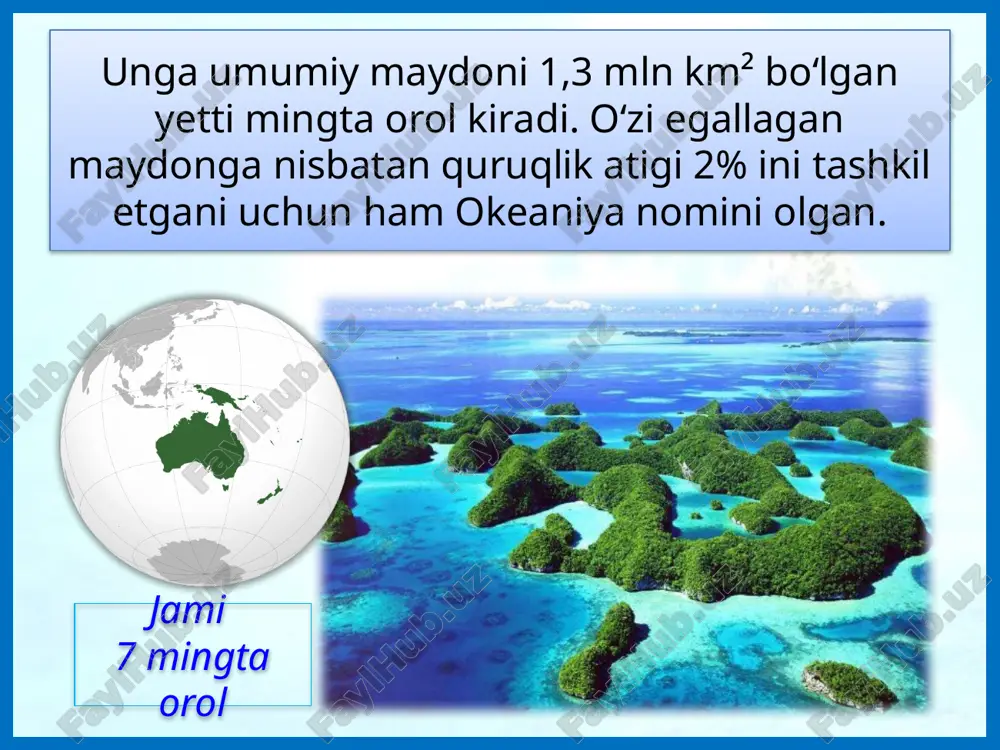 lida fosforit konlari bor. fosforit oltin oltin koni iqlimi. tropik ekvatorial subekvatorial mo‘tadil subtropik tropik okeaniya orollarining aksar qismi ikkala yarimsharning tropik iqlim mintaqasida joylashgan. subekvatorial subtropik tropik ekvatorial subekvatorial mo‘tadil subtropik tropik subekvatorial subtropik avstraliya va osiyoga yaqin ekvatorial kengliklardagi orollarda subekvatorial, 180-meridiandan g‘arbda ekvatorial iqlim. tropik ekvatorial subekvatorial mo‘tadil subtropik tropik subekvatorial subtropik tropik chizig‘idan shimol va janubda esa subtropik iqlim. yangi zelandiyaning janubiy oroli mo‘tadil mintaqada joylashgan. eng issiq oyning o‘rtacha harorati shimolda +25°c, janubda +16°c, eng sovuq oyniki shimolda +16 °c, janubda +5 °c. ekvatorial zonada o‘rtacha oylik harorat +26…+28° c. +26°...+28°c +25°c +16°c +5°c +16°c yillik yog‘in miqdori tropik mintaqalarda 1000 mm dan kam. ammo yirik vulqon orollarining shamolga ro‘para yonbag‘irlarida 10 000 mm gacha, gavayi orolidagi tog‘larning shamolga ro‘para yonbag‘irlariga yiliga 12 500–14 000 mm yog‘in yog‘ishi kuzatilgan. 12 500– 14 000 okeaniyaning g‘arbiy qismida yozda kuchli tropik dovullar bo‘lib turadi. tuproqlari. issiq va …