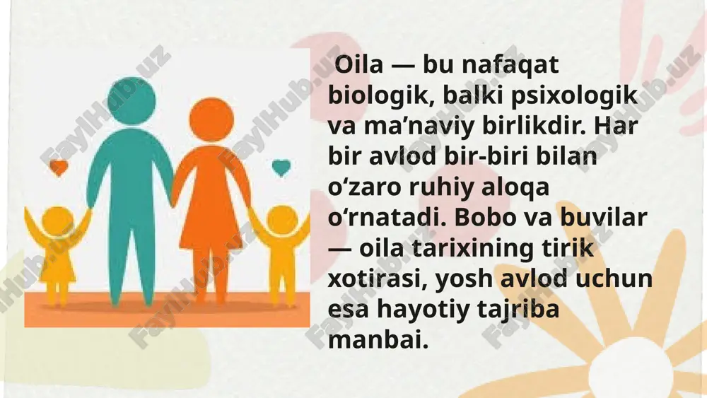tushunishga o‘rgatish. inklyuziv ta’lim samarali bo‘lishi uchun oila va ta’lim muassasasi o‘rtasida uzluksiz hamkorlik zarur: • pedagoglar, psixologlar va ota-onalar uchrashuvlari — bola holatini baholash va qo‘llab-quvvatlash. • uy mashg‘ulotlari bo‘yicha maslahatlar, pedagoglardan metodik yordam olish. • ota-onalar ishtirokidagi tadbirlar — ijtimoiylashuvni mustahkamlash. • qo‘shma rejalashtirish — bolaning individual rivojlanish dasturini tuzish. bobo va buvilar oilaning ma’naviy ustunlaridir, ular yosh avlodga hayotiy tajriba, mehr va qadriyatlar uzatadi. shu bilan birga, zamonaviy oilalarda barcha avlodlar o‘zaro muvofiqlikda yashashi zarur. inklyuziv tarbiya esa — oilaning bag‘rikenglik, mehr-muhabbat va insonparvarlik tamoyillariga asoslanganligini namoyon etadi. oila va ta’lim tizimi birgalikda har bir bolaning to‘liq rivojlanishiga xizmat qilishi kerak. xulosa e’tiboringiz uchun tashakkur image1.png image2.png image3.png image4.png image5.svg image13.svg image14.png image6.png image7.svg image8.png image9.svg image10.png image11.svg image12.png image15.png image16.svg image17.png image18.svg image19.png image20.png image21.svg image22.png image23.svg image24.png image25.svg image26.png image27.png image28.svg image29.png image30.svg image31.png image32.svg image33.png image34.svg image35.png image36.svg image37.png image38.png image39.png image40.png image41.svg /docprops/thumbnail.jpeg