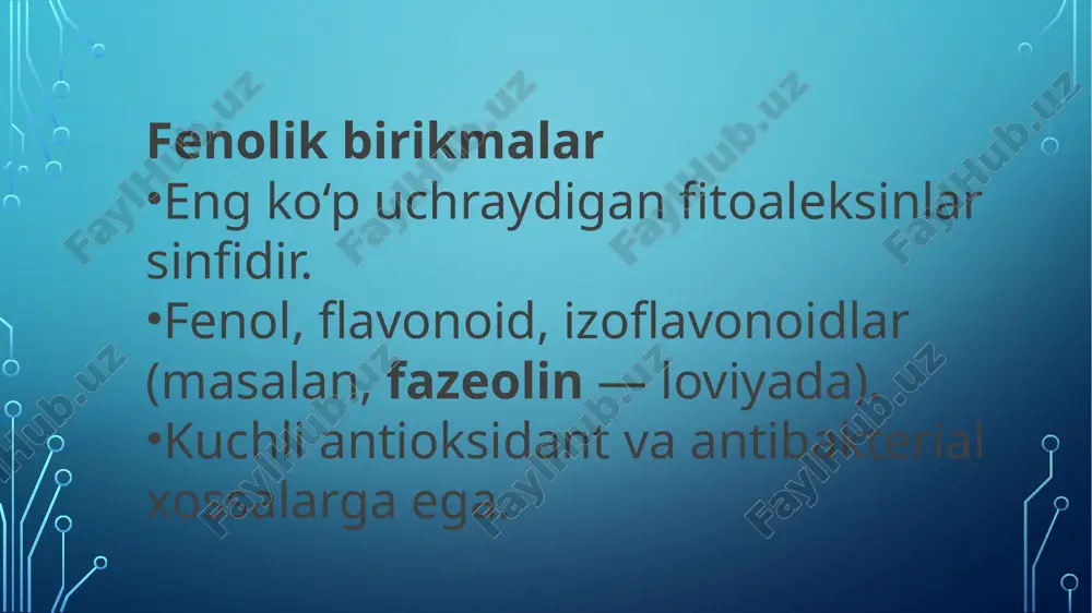 ekin ko‘p miqdorda iste’mol qilinsa insonlar uchun toksik hisoblanadi. foydalanilgan adabiyotlar (manbalar): agrios, g. n. (2005). plant pathology (5th ed.). academic press. hammerschmidt, r. (1999). phytoalexins: what have we learned after 60 years? annual review of phytopathology, 37(1), 285–306. dixon, r. a. (2001). natural products and plant disease resistance. nature, 411, 843–847. bailey, j. a., & mansfield, j. w. (1982). phytoalexins. blackie & son ltd. wikipedia: phytoalexin – wikipedia britannica: phytoalexin | plant biochemistry image2.png /docprops/thumbnail.jpeg