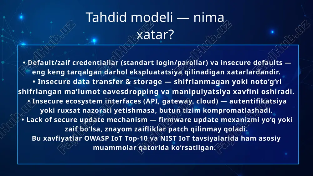 ht crypto standards va ecc bazasidagi protokollar iotda afzal. praktik tavsiyalar (best practices) — arxitektura va operatsion choralar 1. default credentiallarni olib tashlang, foydalanuvchini majburiy yangi credential kiritishga majburlang. 2. kalitlarni hardware‑secure elementlarda saqlash yoki puf ishlatishni ko‘rib chiqing, ayniqsa chekka qurilmalarda. 3. ecc va yengil kriptografiyani qo‘llash — energetik hisob bilan uyg‘un. 4. muntazam signed ota yangilanishlari va secure boot joriy eting. 5. tarmoqni segmentatsiya qiling — iot qurilmalarini korporativ tarmoqdan ajratish va cheklangan ruxsatlar berish. 6. device lifecycle management — buyurtmachi va ishlab chiqaruvchi shartnomalarida yangilanishlar va xavfsizlik qo‘llab‑quvvatlashi majburiy bo‘lsin. standartlar va regulyatsiya • nist sp 800‑213 va qo‘shimcha materiallar iot uchun qurilma xavfsizligi va zarur funksiyalar katalogini beradi. • owasp iot loyihasi iot xavfsizlik xatoliklari va mitigatsiya bo‘yicha amaliy tavsiyalarni beradi. • xalqaro va mintaqaviy standartlar (masalan iso/iec seriyalari) va yangi regulyator normalari (cyber resilience act va boshqalar) ishlab chiqaruvchilarni xavfsizlikni boshlang‘ich dizayndan qo‘shishga majbur qilmoqda. …