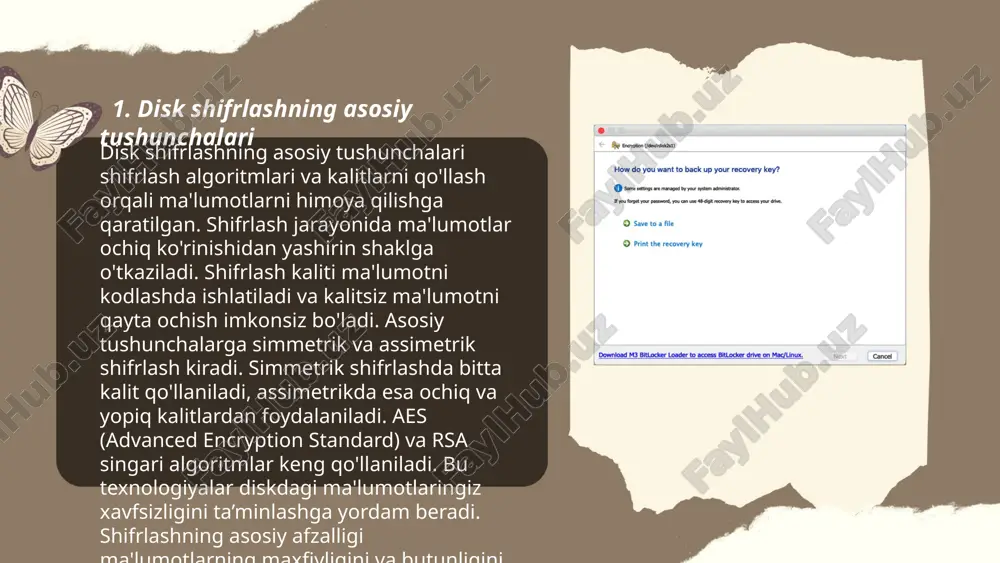 adi. bitlocker, veracrypt kabi dasturlar disk shifrlash tizimlari orasida mashhur. shifrlash vositalari ma'lumotlarning maxfiyligini ta'minlash bilan birga, ma'lumot o'g'irlanishi yoki yo'qolishidan himoya qiladi. ... t.me/slaydai_bot bitlocker - bu windows operatsion tizimi uchun mo'ljallangan shifrlash vositasi bo'lib, u ma'lumotlarni himoya qilish uchun diskni to'liq shifrlaydi. bitlocker 2007-yilda windows vista versiyasida chiqarilgan. bu vosita foydalanuvchining kompyuteri yoki noutbukining qattiq diskiga kirishni cheklaydi va u usb flesh-disk orqali parol yoki shifrlash kaliti bilan himoyalanishi mumkin. bitlocker windows 7, 8, 8.1, 10 va 11 versiyalarida mavjud. u efs bilan birgalikda ma'lumotlarning xavfsizligini oshirish uchun ishlatiladi. bitlocker’ni yoqish uchun "control panel" orqali "bitlocker drive encryption" bo‘limiga o‘tish lozim. u tpm (trusted platform module) chipidan foydalanishni talab qilishi mumkin. ... t.me/slaydai_bot 7. veracrypt portativ rejimi veracrypt portativ rejimi – bu shifrlash dasturining maxsus versiyasi, u usb flesh-disklar yoki tashqi qattiq disklar kabi ko'chma media qurilmalarda ishga tushirilishi mumkin. bu rejim foydalanuvchilarga o'z shaxsiy ma'lumotlarini istalgan joyda …