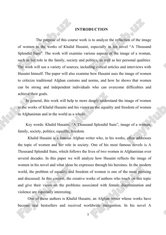ghan customs and norms affect women's lives and how they face violence, discrimination and oppression. the image of a woman in the novel is one of the central and most significant. husaini portrays women as strong, intelligent and independent individuals who fight for their rights and freedom. at the same time, the author does not hesitate to criticize traditional afghan customs, which lead to violence and oppression of women. studying the image of women in the novel “a thousand splendid suns” will allow us to more deeply understand the problems of equality and freedom of women in afghanistan and other countries, as well as reveal the importance of khalid husaini’s work in the fight for women’s rights. chapter i. portrayal of women in afghan society in a thousand splendid suns 1.1. the role of women in afghan society in the novel a thousand splendid suns, author khalid husaini presents the …