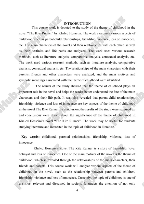 f any culture and nationality, as it concerns such important issues as love, betrayal, forgiveness and the search for identity. chapteri. parental relationships in the novel “the kite runner” 1.1. father-son and mother-son relationship in the novel the kite runner, childhood plays an important role in shaping the character of the main character, amir. since childhood, amir has suffered from feelings of inferiority and fear of his father, who considers him weak and not courageous enough. these emotions haunt amir throughout his life and determine his actions as an adult. amir's childhood also determines his attitude towards other people. he often experiences feelings of envy and jealousy towards his best friend hassan, who is his servant and at the same time his best friend. this feeling of envy and jealousy ultimately leads to tragic consequences[footnoteref:1]. thus, childhood is a key moment in the formation of the protagonist’s character and determines …