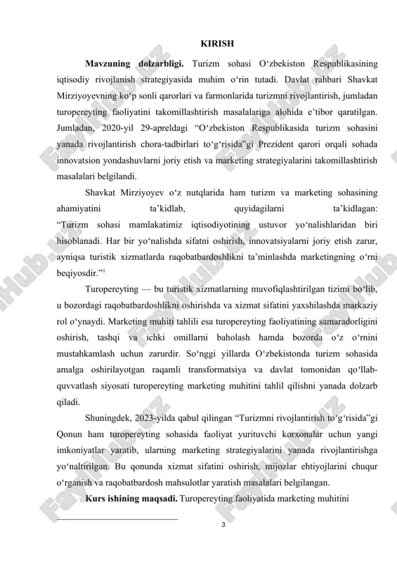 raqobat muhiti va mijozlar ehtiyojlarini aniqlash hamda ularni segmentatsiya qilish. 5. turoperatorlik faoliyatining hozirgi holatini tahlil qilish, mavjud muammolarni aniqlash va ularning sabablarini aniqlash. 6. turizm marketingini takomillashtirish yoʻnalishlarini aniqlash, jumladan, innovatsion yondashuv va raqamli marketing imkoniyatlarini baholash. 7. yevropa davlatlarining ilgʻor marketing tajribalarini oʻrganish va ularni oʻzbekiston sharoitiga moslashtirish istiqbollarini aniqlash. 8. oʻzbekiston sharoitida samarali turopereyting strategiyasini ishlab chiqish va amaliy tavsiyalar berish orqali marketing muhitini rivojlantirish. kurs ishining obyekti. turopereyting faoliyati va uning marketing muhiti boʻlib, sohadagi ichki va tashqi omillar orqali marketing jarayonlarini tashkil etish va boshqarish tizimidir. kurs ishining predmeti. turopereyting faoliyatidagi marketing muhitining ichki va tashqi omillarini tahlil qilish, ularning kompaniya faoliyatiga ta’siri hamda samaradorligini oshirish yoʻllari. i bob. turopereyting tizimida marketing konsepsiyasining ilmiy-asosiy aspektlari 1.1. turopereyting tushunchasi va uning turistik sohadagi strategik oʻrni turoperator-tijorat maqsadi uchun turizm mahsulotini realizatsiyasini, uni taklif etuvchi, tayyorlash va rejalashtirishda bevosita ishtirok etuvchi turizm bozorini faol subyektidir. bu turoperator …