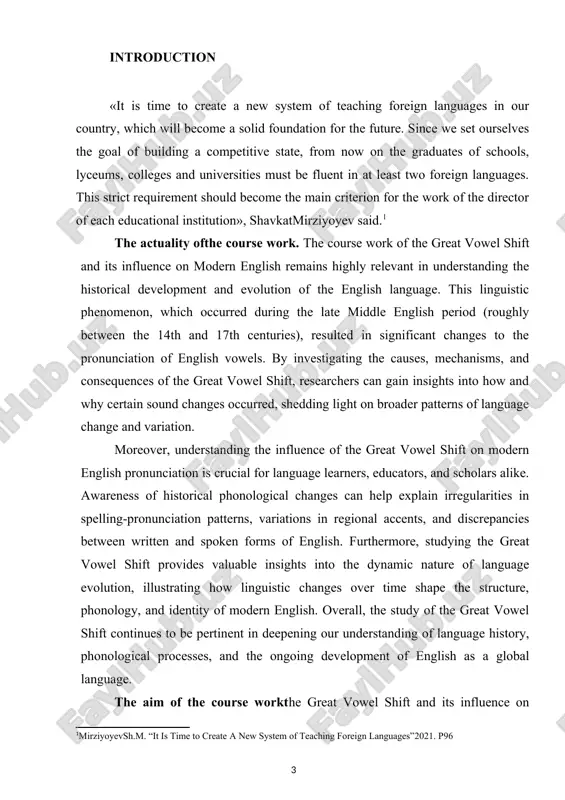 m studying the great vowel shift as it sheds light on the socio-cultural context of the late middle english period and its impact on language and society. finally, in the realm of language technology, understanding the great vowel shift aids in the development of speech recognition systems, phonetic algorithms, and linguistic models that accurately represent the phonological patterns of modern english. overall, the practical value of studying the great vowel shift extends beyond academic discourse, offering practical applications in language education, historical analysis, and technological innovation, thereby enriching our understanding and utilization of the english language in various contexts. the structure of the course work. course work consists of introduction, main body,conclusion andbibliography. main body 1.introduction to the concept of the great vowel shift the great vowel shift stands as one of the most significant linguistic phenomena in the history of the english language, marking a transformative period that reshaped …